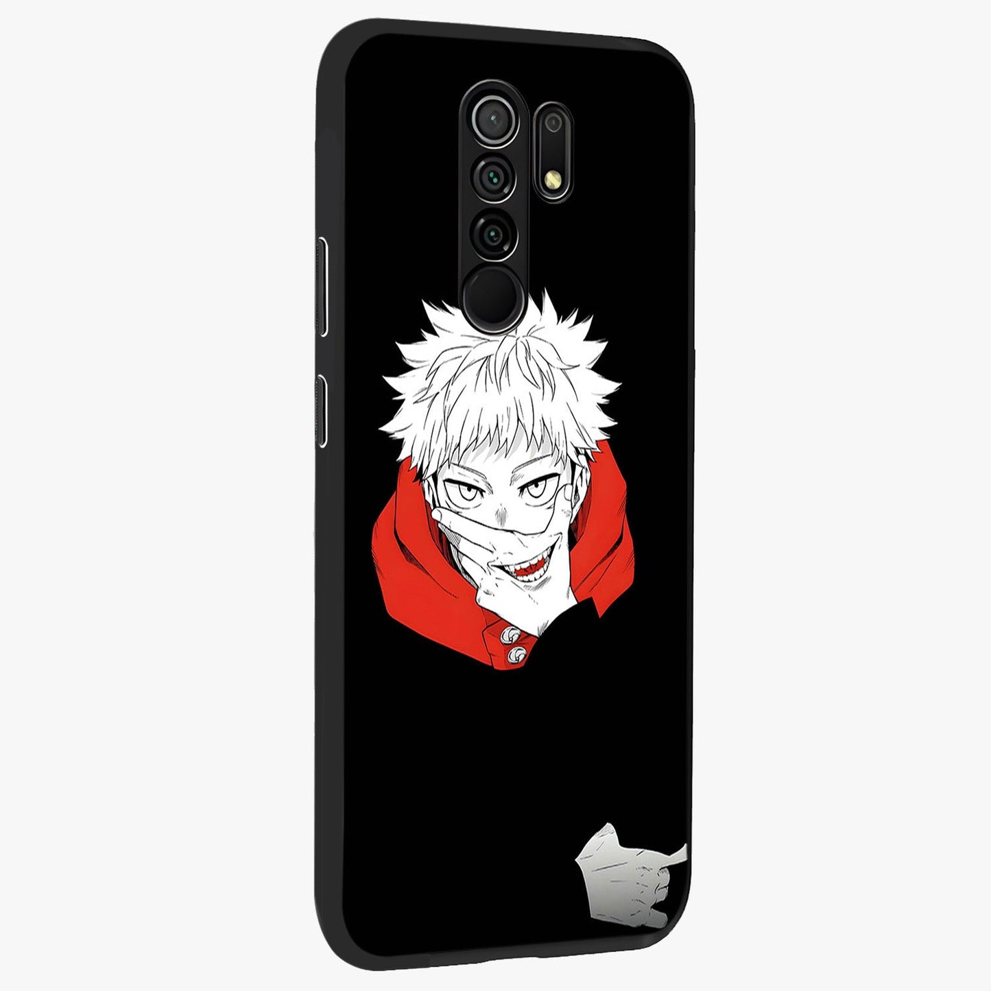 Crimson Chaos Smile Glass Case upright view showcasing expressive chaotic artwork with striking visual theme.