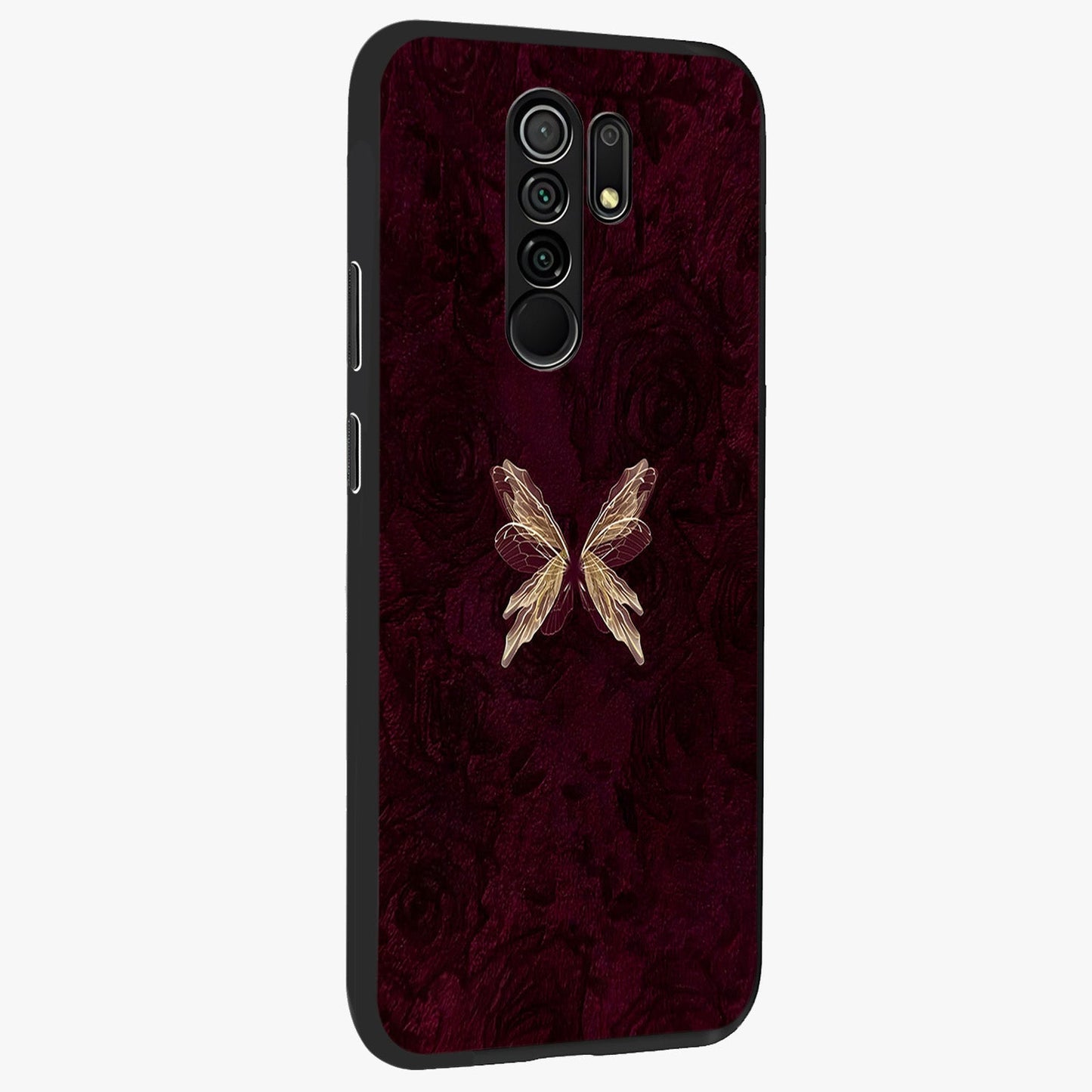 Crimson Fade Butterfly Glass Case upright view showcasing graceful butterfly artwork with soft crimson fade effect.