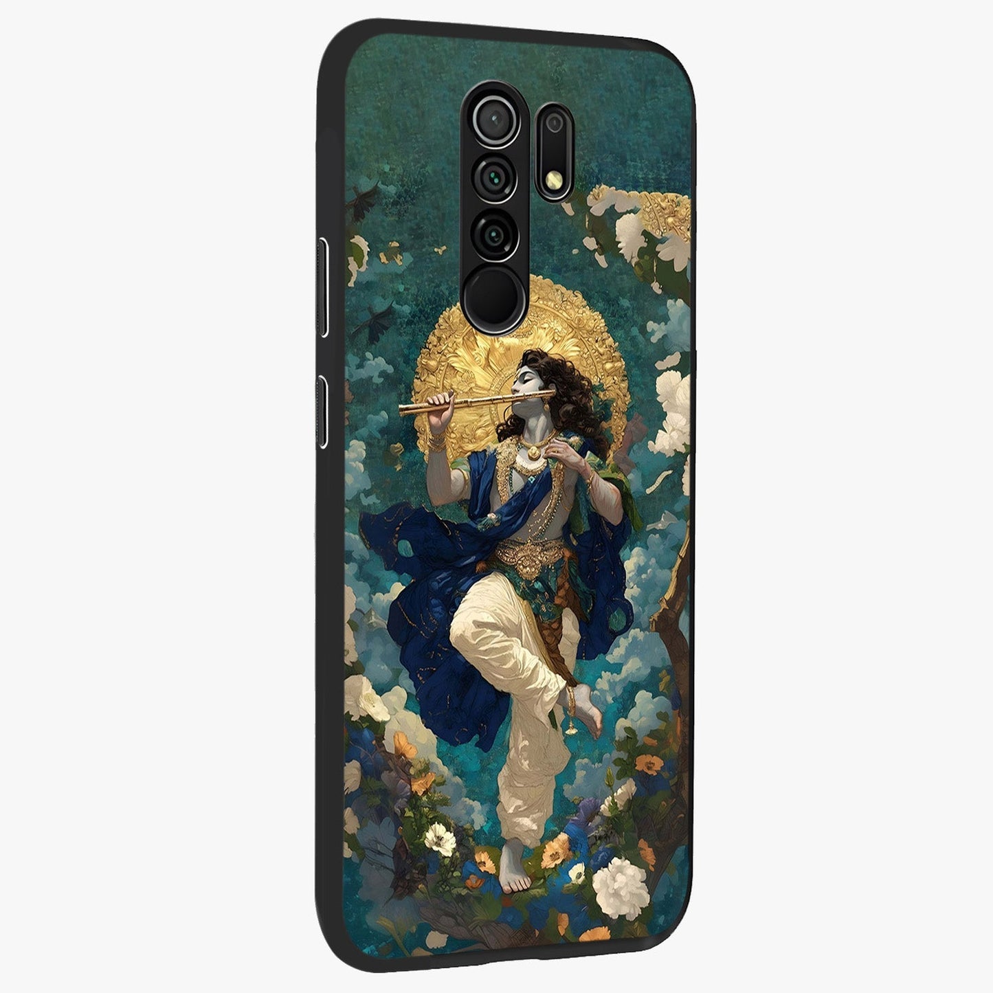 Divine Krishna Art Glass Case upright view showcasing divine Krishna artwork with sacred artistic theme.