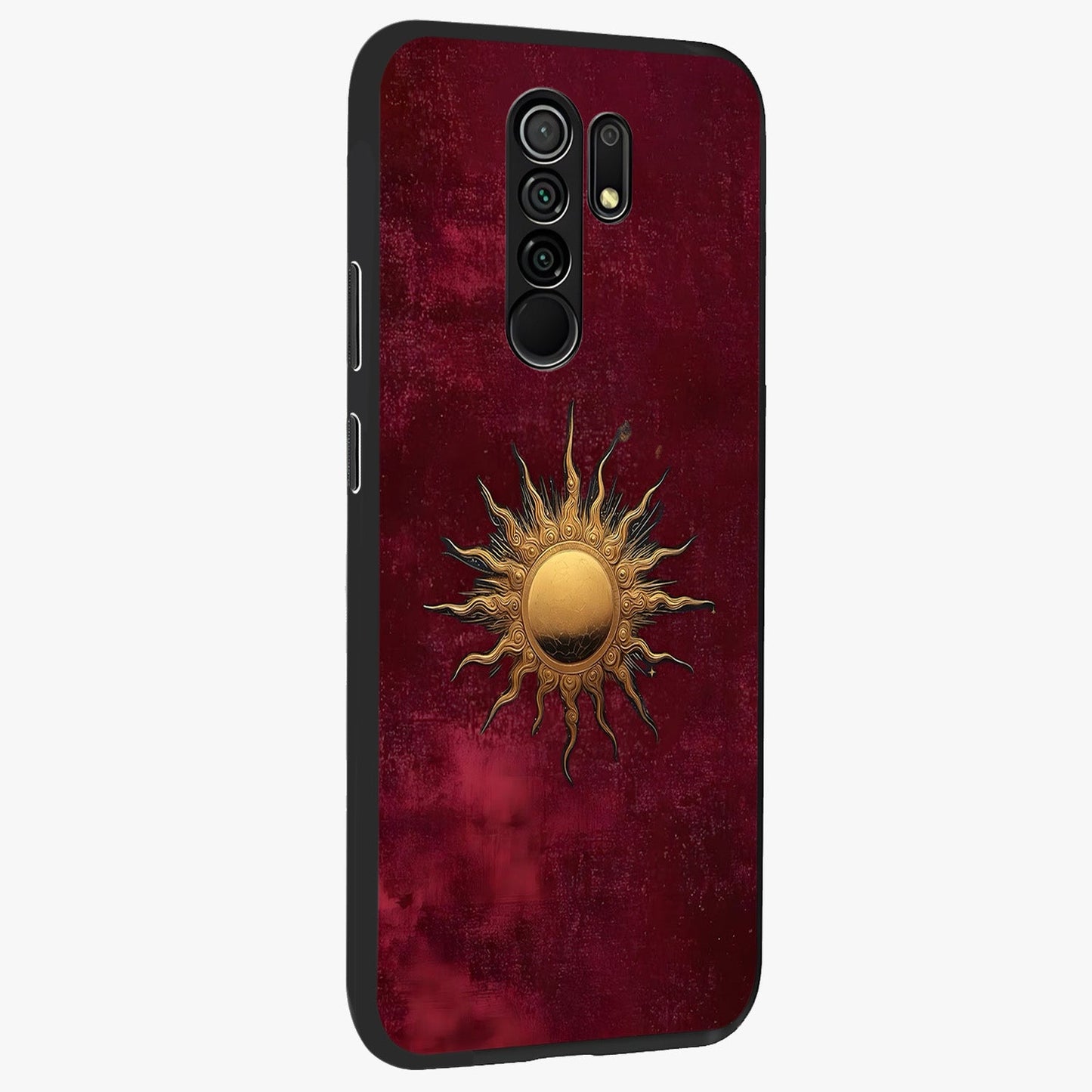 Golden Sun Minimalism Glass Case upright view showcasing simple golden sun artwork with elegant minimalist style.
