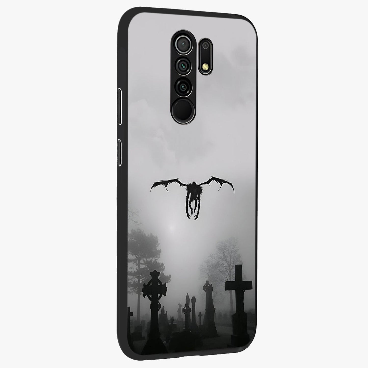 Graveyard Shadow Descent Glass Case upright view showcasing haunting graveyard artwork with dramatic dark theme.