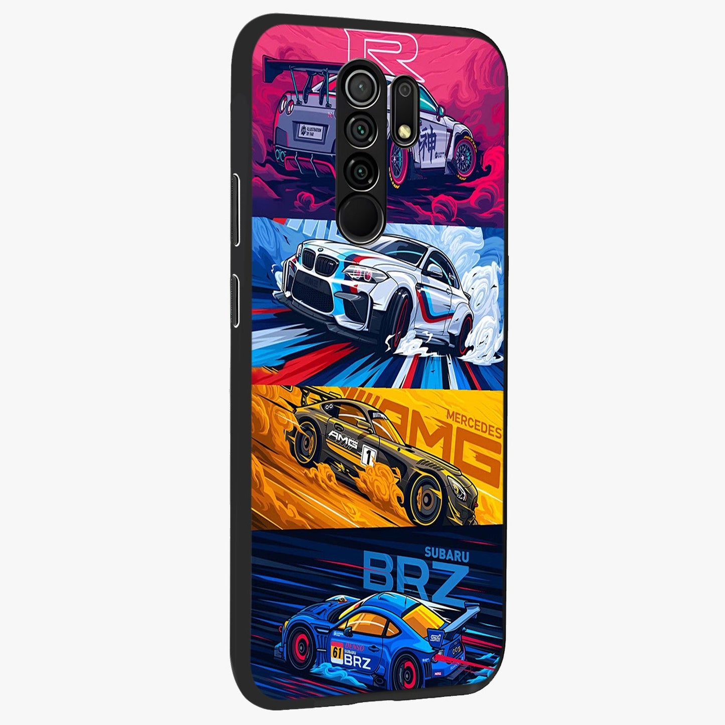 JDM Sports Car Glass Case upright view showcasing dynamic sports car artwork with bold racing theme.