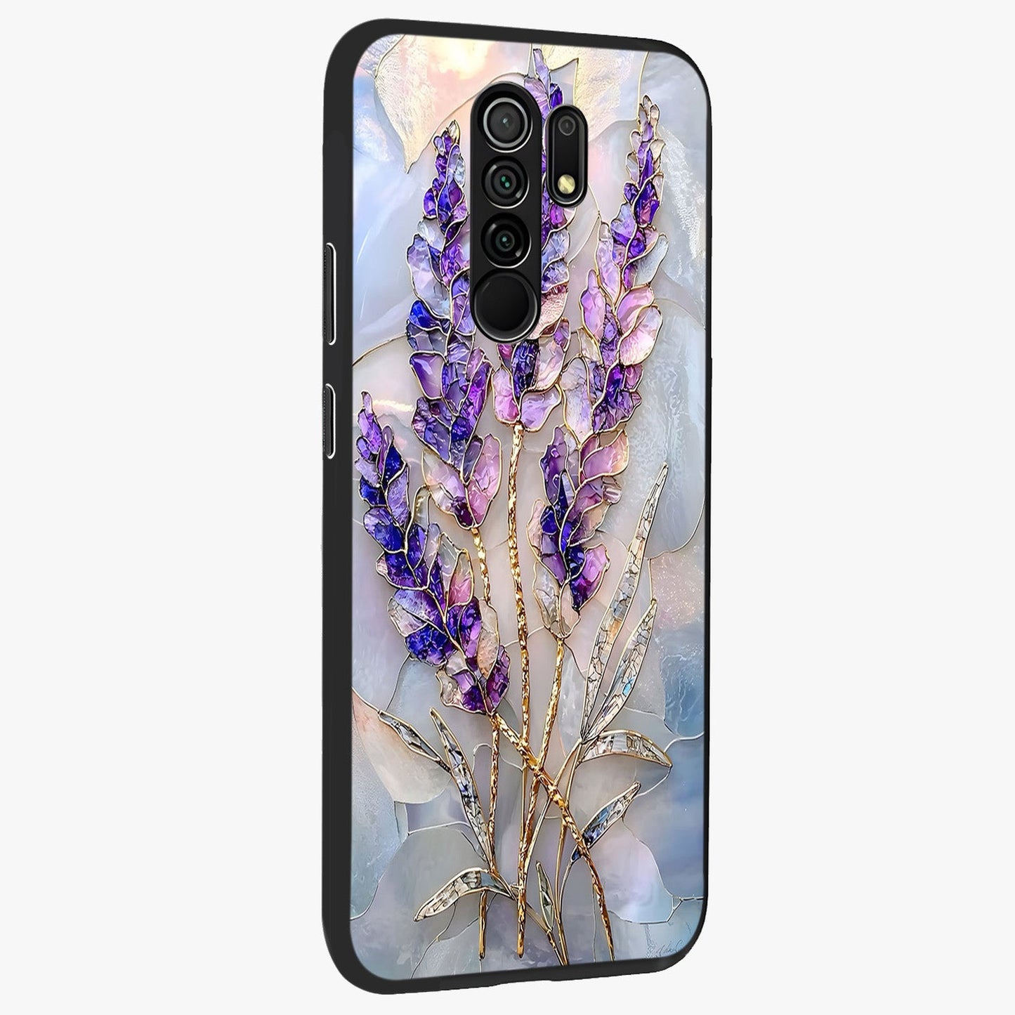 Lavender Dream Glow Glass Case upright view showcasing radiant lavender glow artwork with calming dreamy theme.