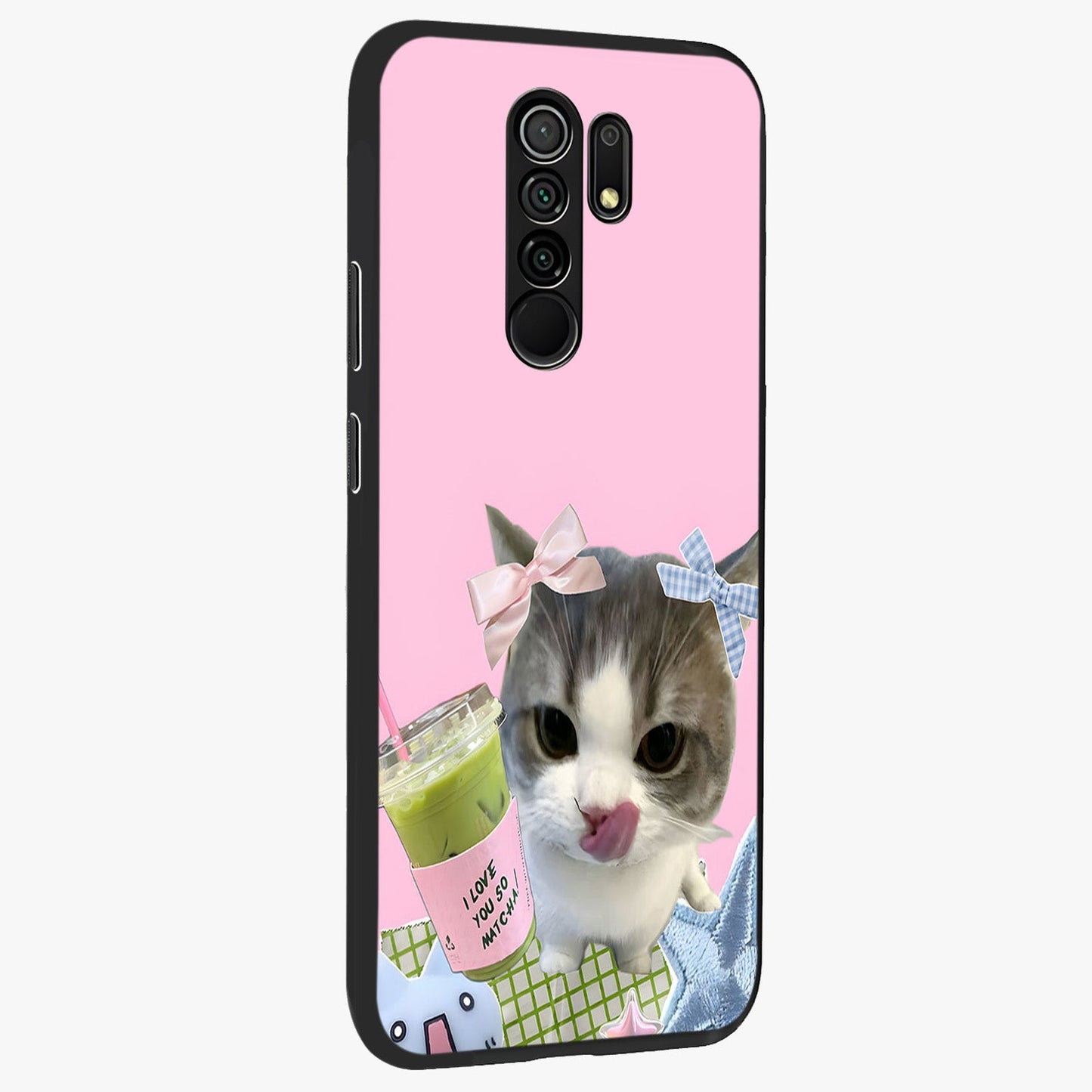 Love Matcha Cat Glass Case upright view showcasing adorable cat artwork with charming matcha themed design.