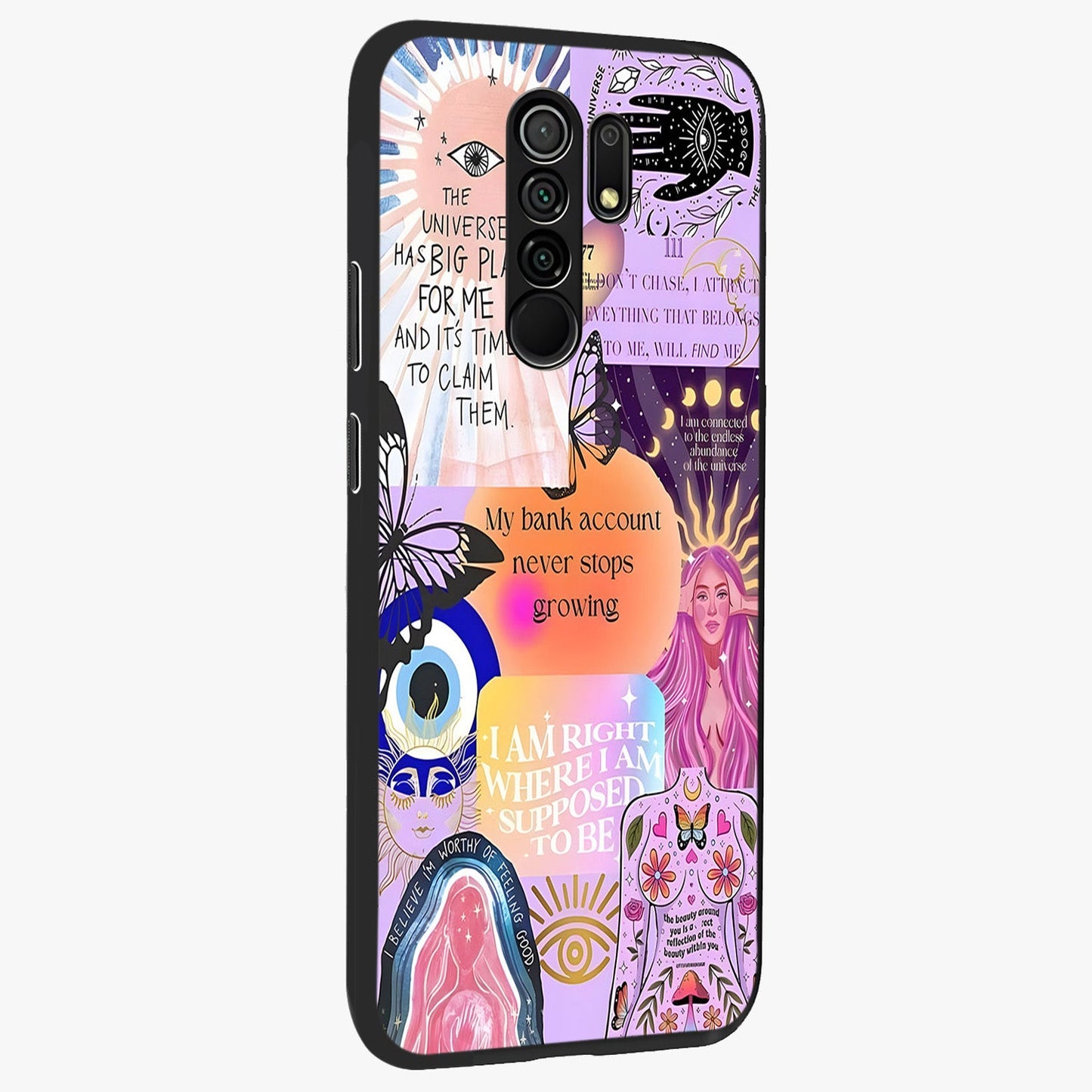 Manifestation Collage Glass Case upright view showcasing artistic manifestation themed artwork with creative style.