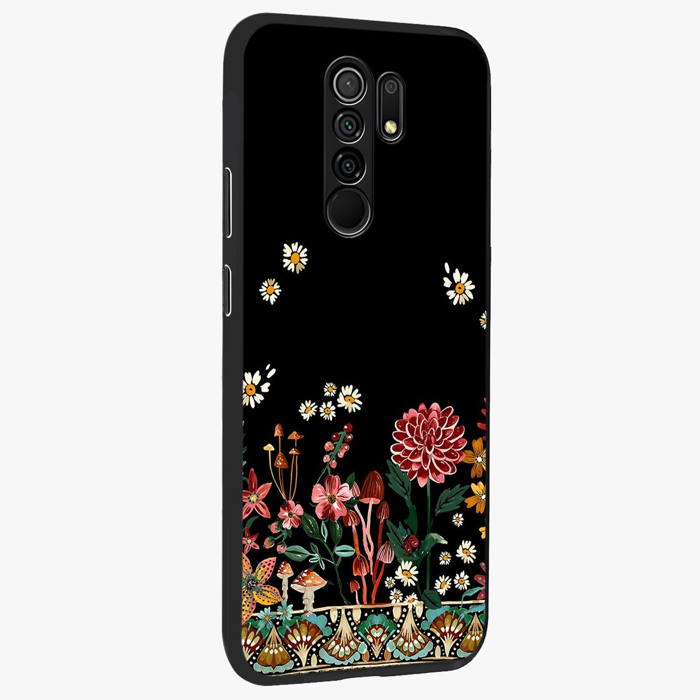 Midnight Bloom Pattern Glass Case upright view showcasing decorative floral artwork with deep night themed palette.