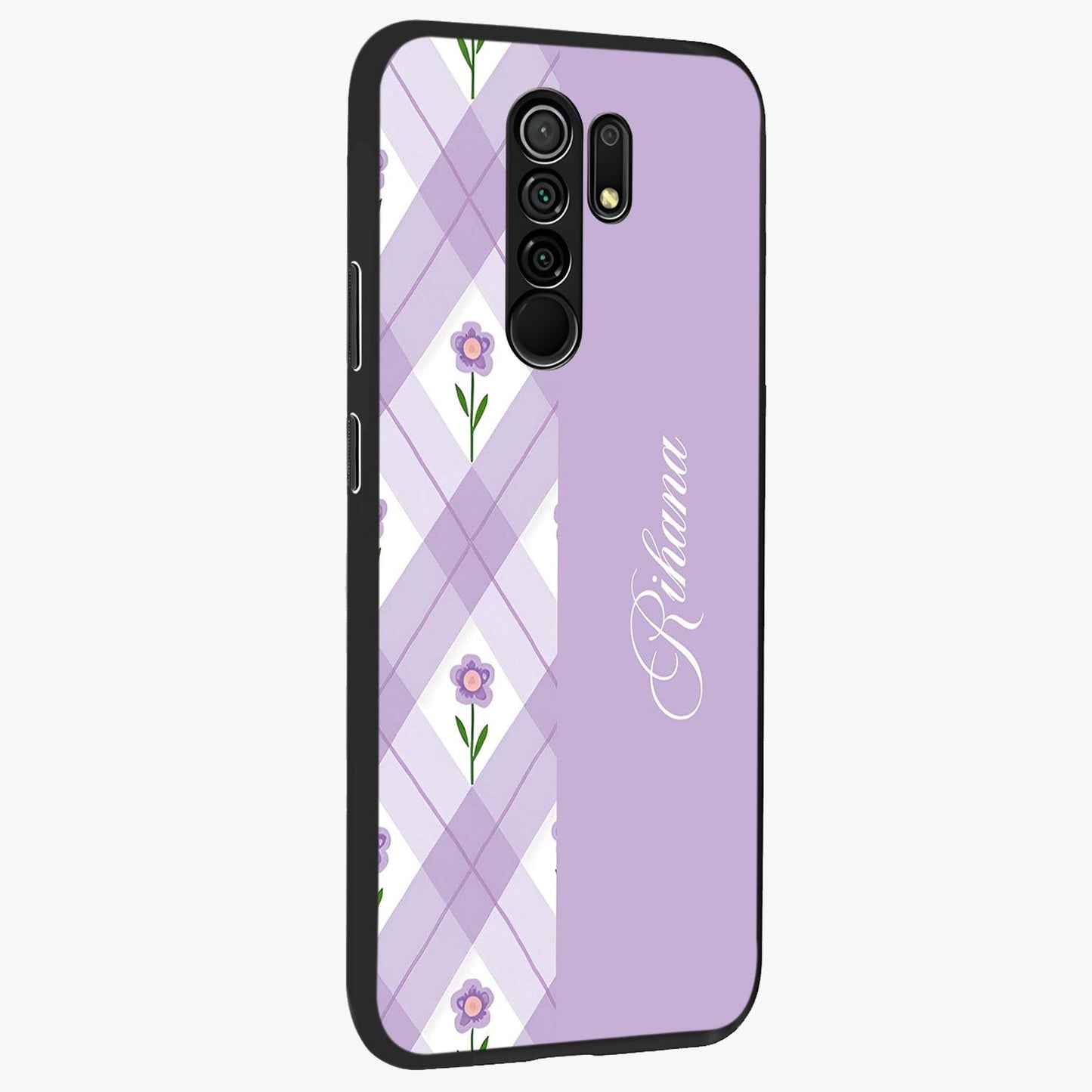 Purple Diamond Floral Glass Case upright view showcasing vibrant floral artwork with stylish geometric theme.