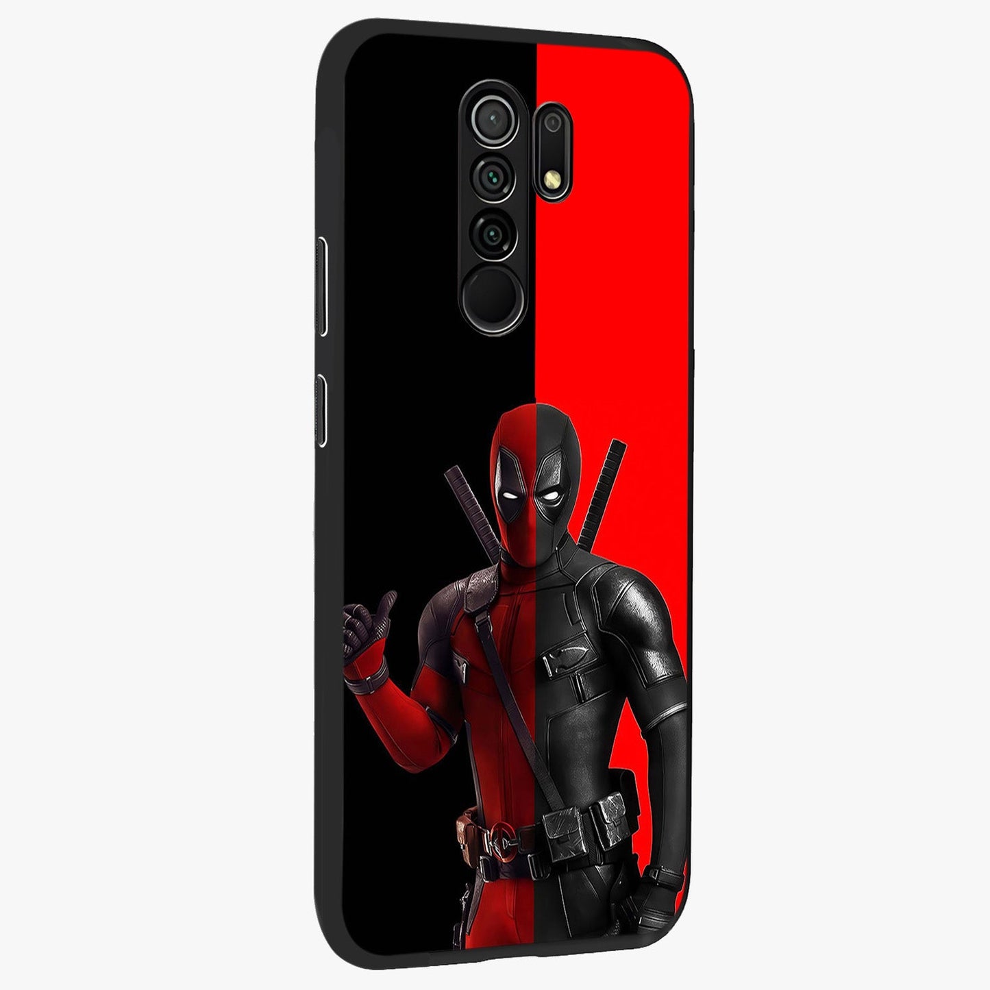 Red & Black Deadpool Theme Glass Case upright view showcasing energetic comic themed artwork with striking red and black design.