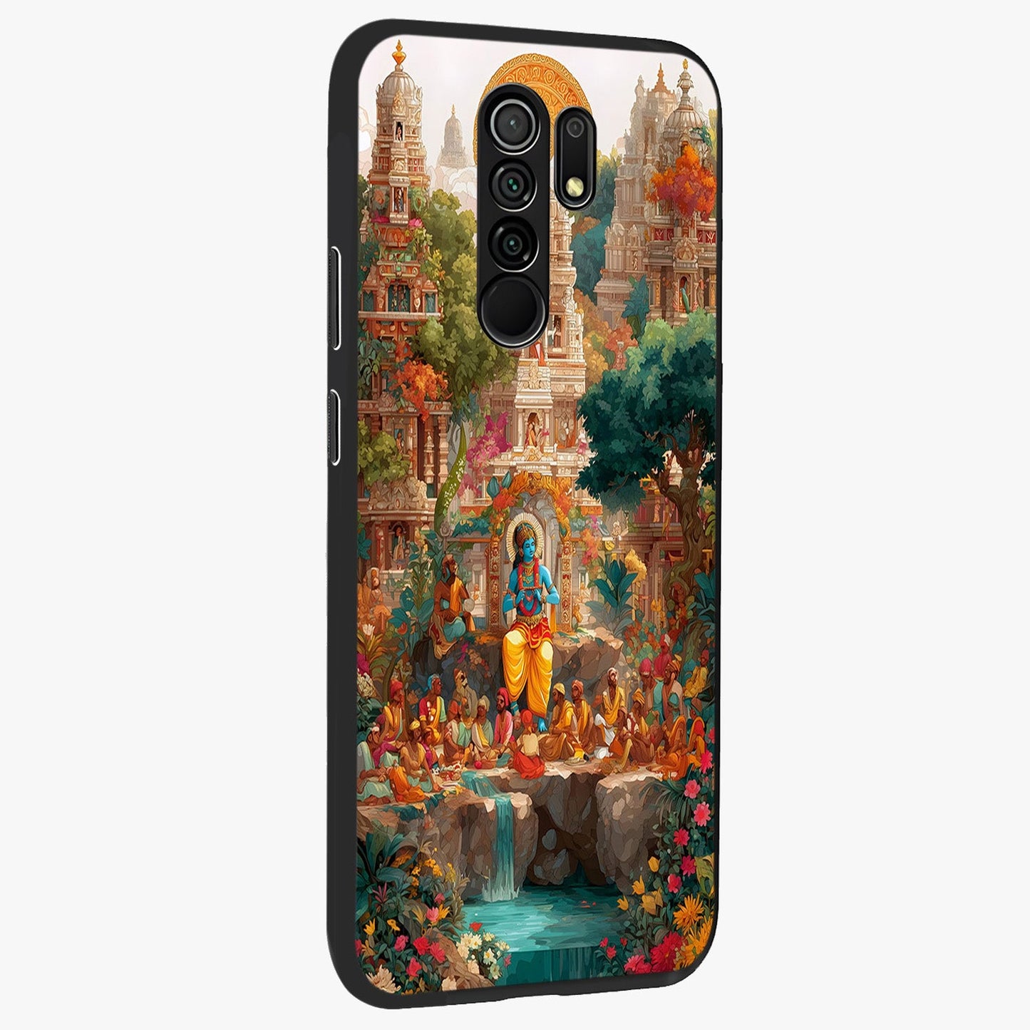 Sacred Sunlight Gods Glass Case upright view showcasing glowing divine artwork with sacred mythological theme.