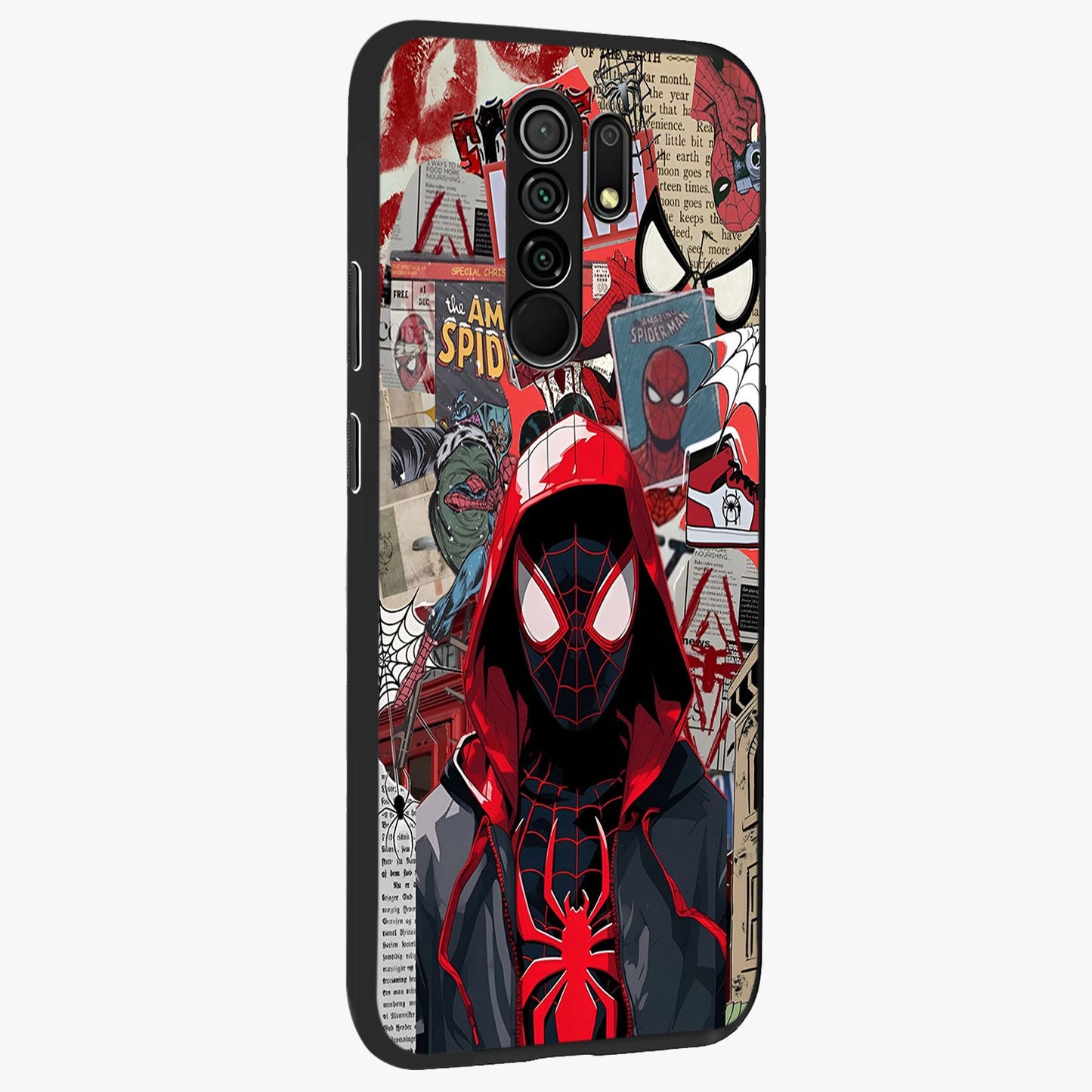 Spider Collage Street Glass Case upright view showcasing bold superhero artwork with urban street theme.