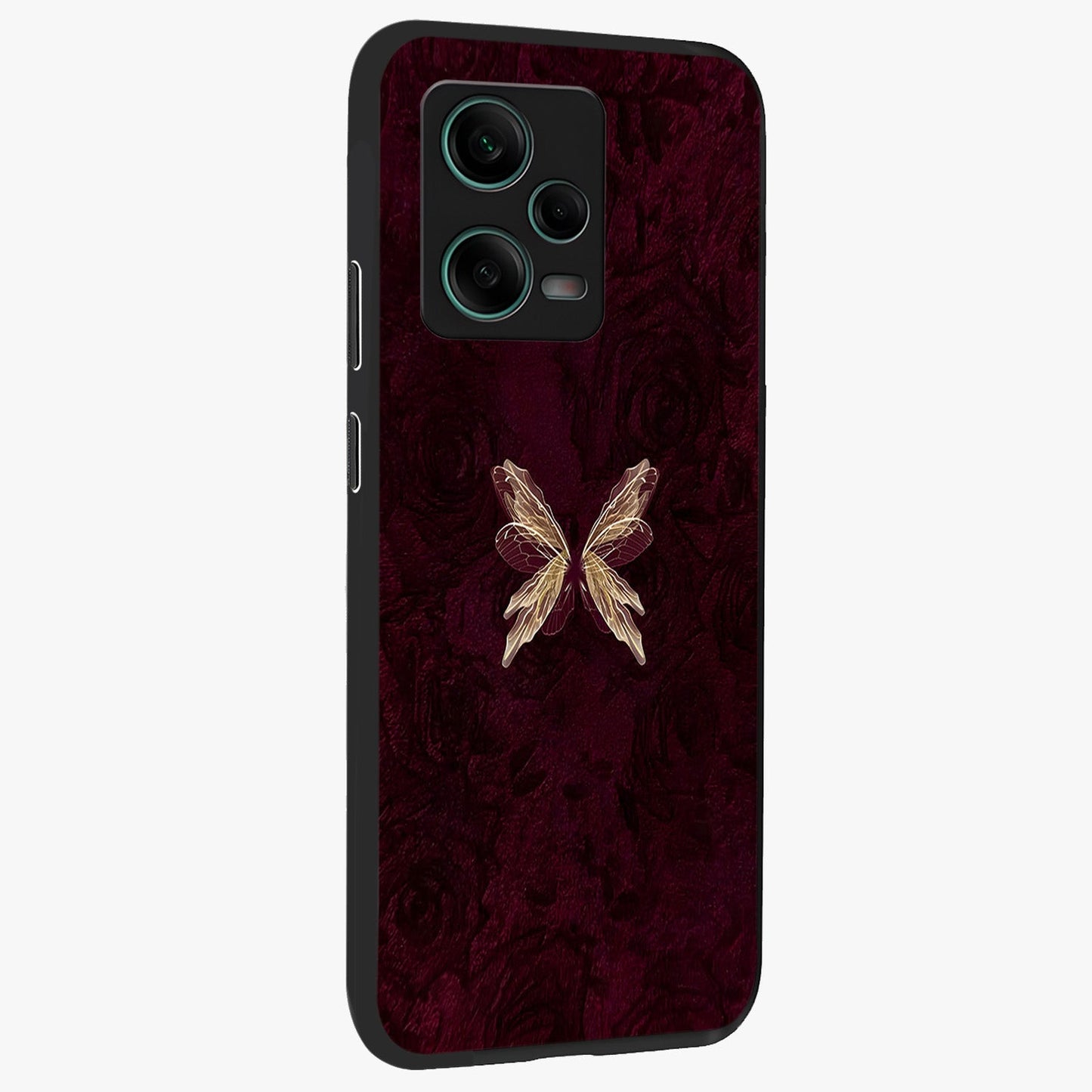 Crimson Fade Butterfly Glass Case upright view showcasing graceful butterfly artwork with soft crimson fade effect.