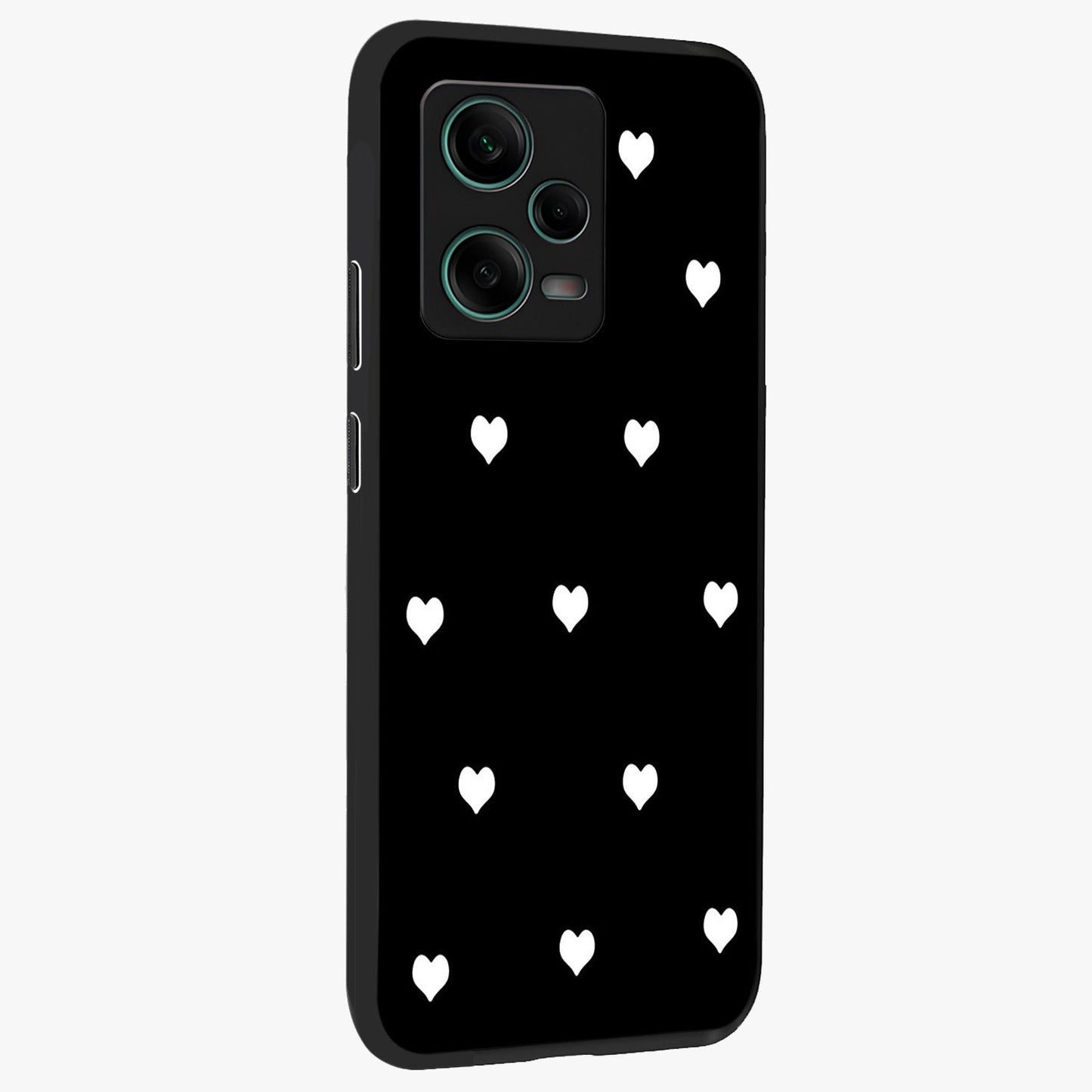 Cute And Simple White Hearts Glass Case upright view showcasing simple white hearts artwork with soft minimal theme.