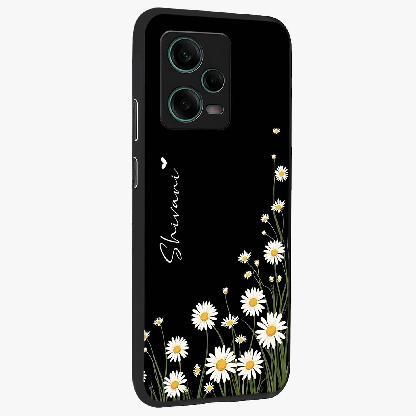 Daisy Cascade Custom Name Glass Case upright view showcasing elegant floral cascade design with personalized aesthetic.