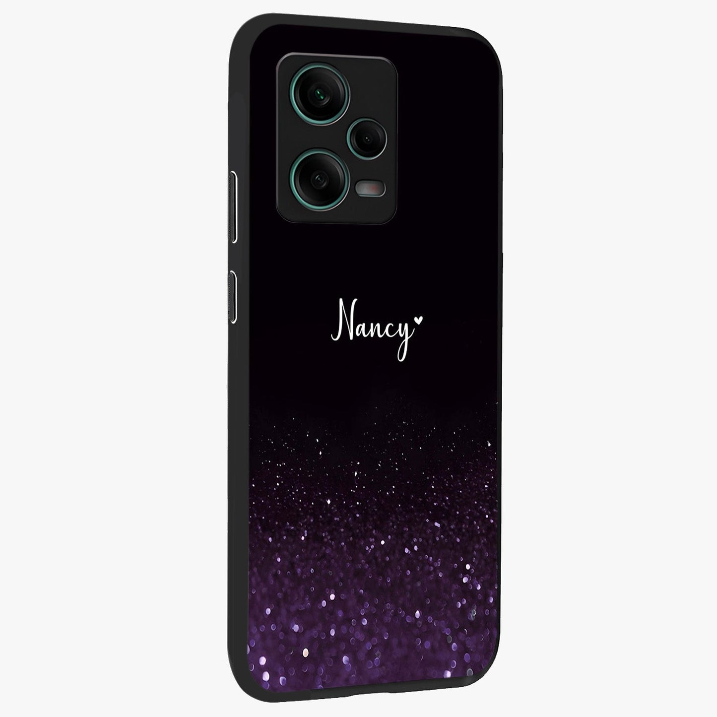 Glittery Purple Bokeh Custom Name Glass Case upright view showcasing vibrant purple sparkle artwork with personalized aesthetic style.