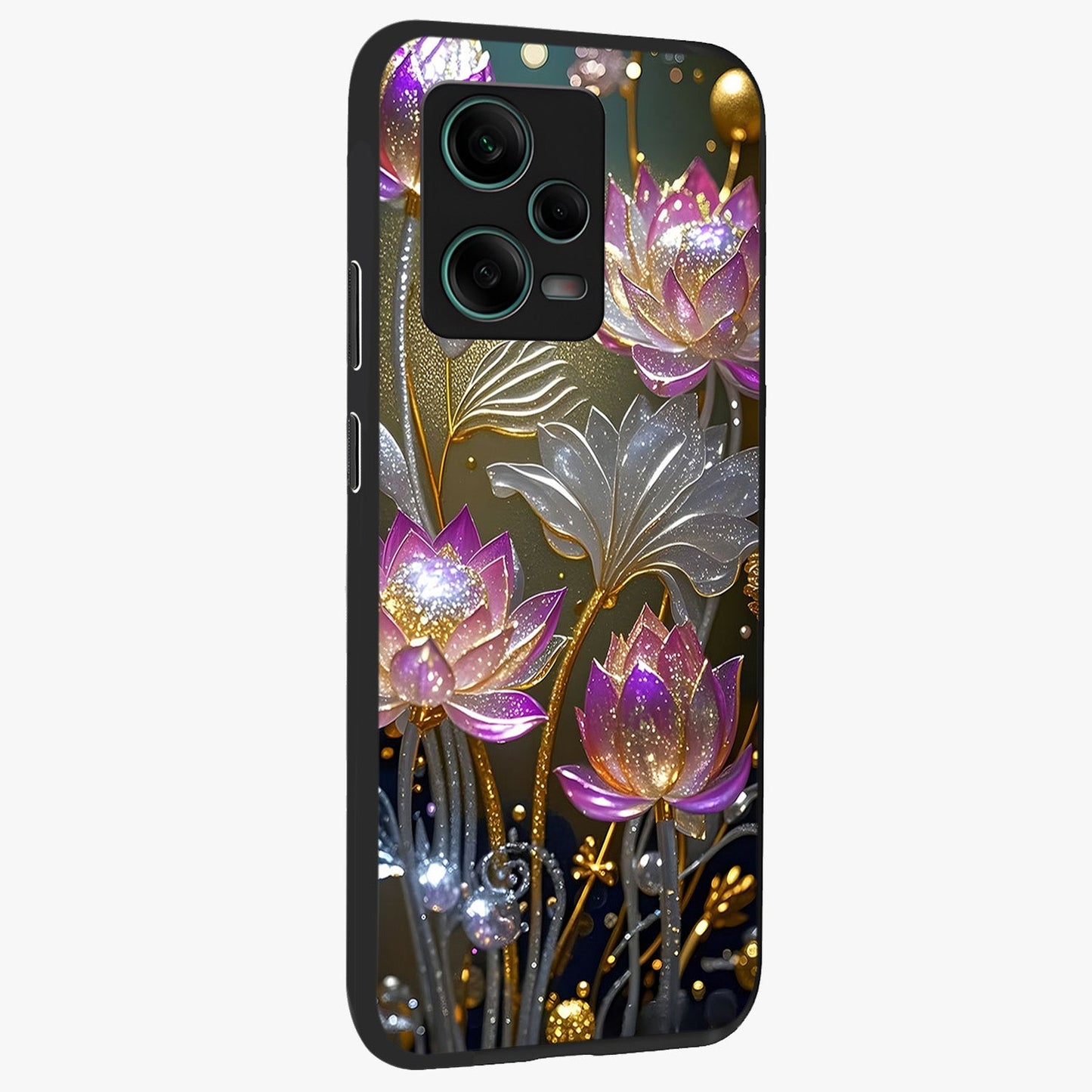 Golden Floral Majesty Glass Case upright view showcasing majestic floral artwork with rich decorative theme.