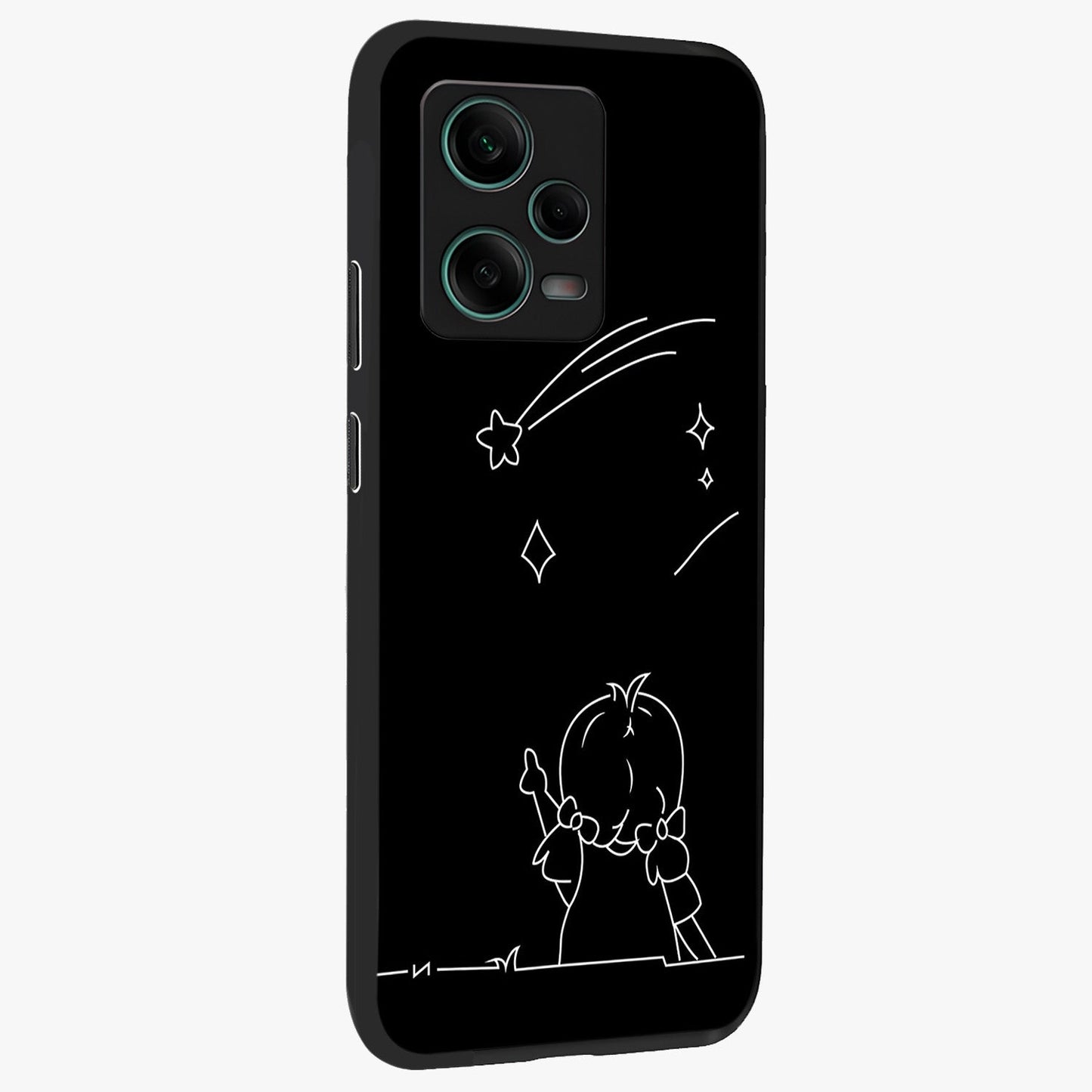 Line Art Girl With Shooting Stars Glass Case upright view showcasing delicate shooting stars artwork with minimal artistic theme.