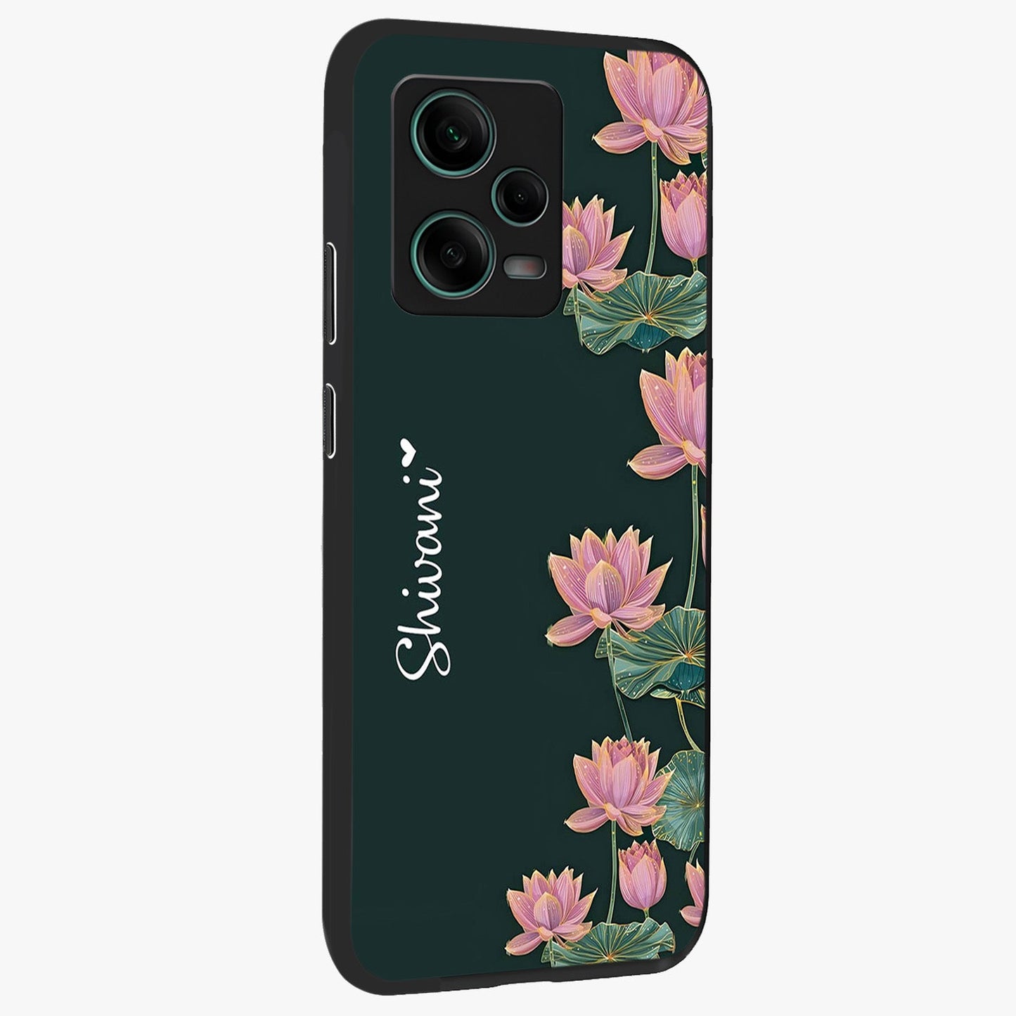 Lotus Bloom Serenity Custom Name Glass Case upright view showcasing serene lotus bloom artwork with personalized floral aesthetic.