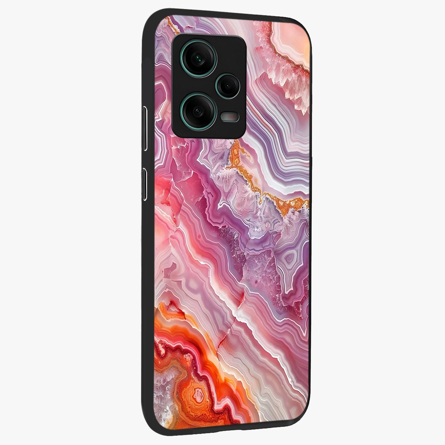 Rose Quartz Marble Glass Case upright view showcasing decorative marble artwork with luxurious pastel theme.