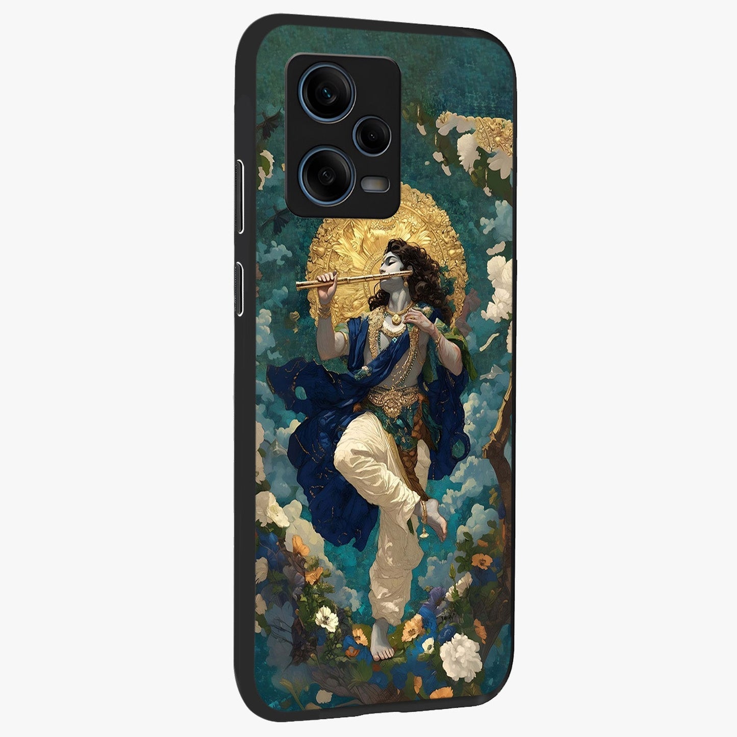 Divine Krishna Art Glass Case upright view showcasing divine Krishna artwork with sacred artistic theme.