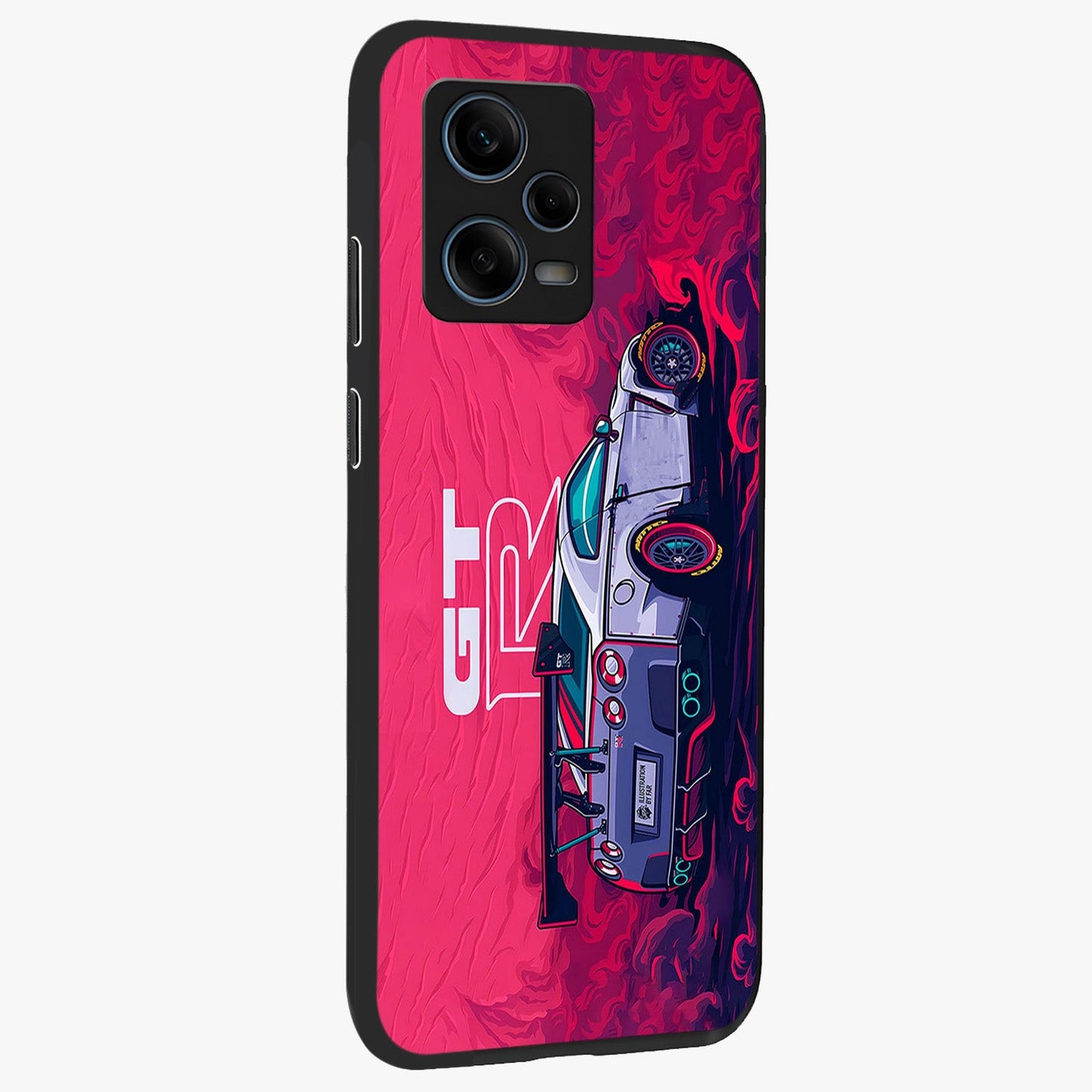 GT-R Car Pattern Glass Case upright view showcasing dynamic car pattern artwork with modern sports theme.