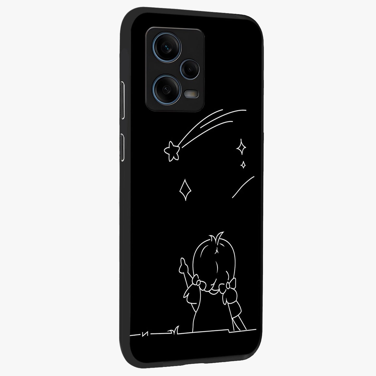 Line Art Girl With Shooting Stars Glass Case upright view showcasing delicate shooting stars artwork with minimal artistic theme.