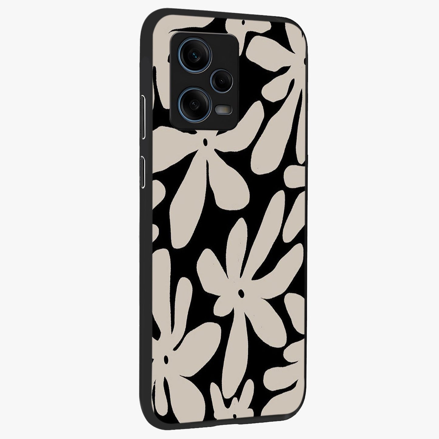 Monochrome Petal Dance Glass Case upright view showcasing artistic floral pattern with stylish monochrome theme.