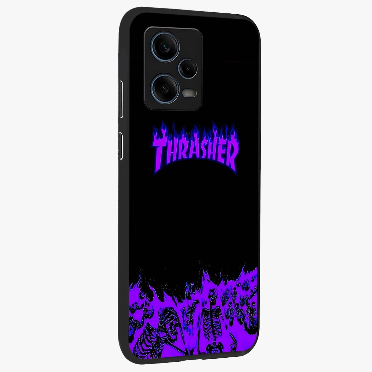 Neon Flame Riot Glass Case upright view showcasing dynamic flame artwork with energetic neon theme.