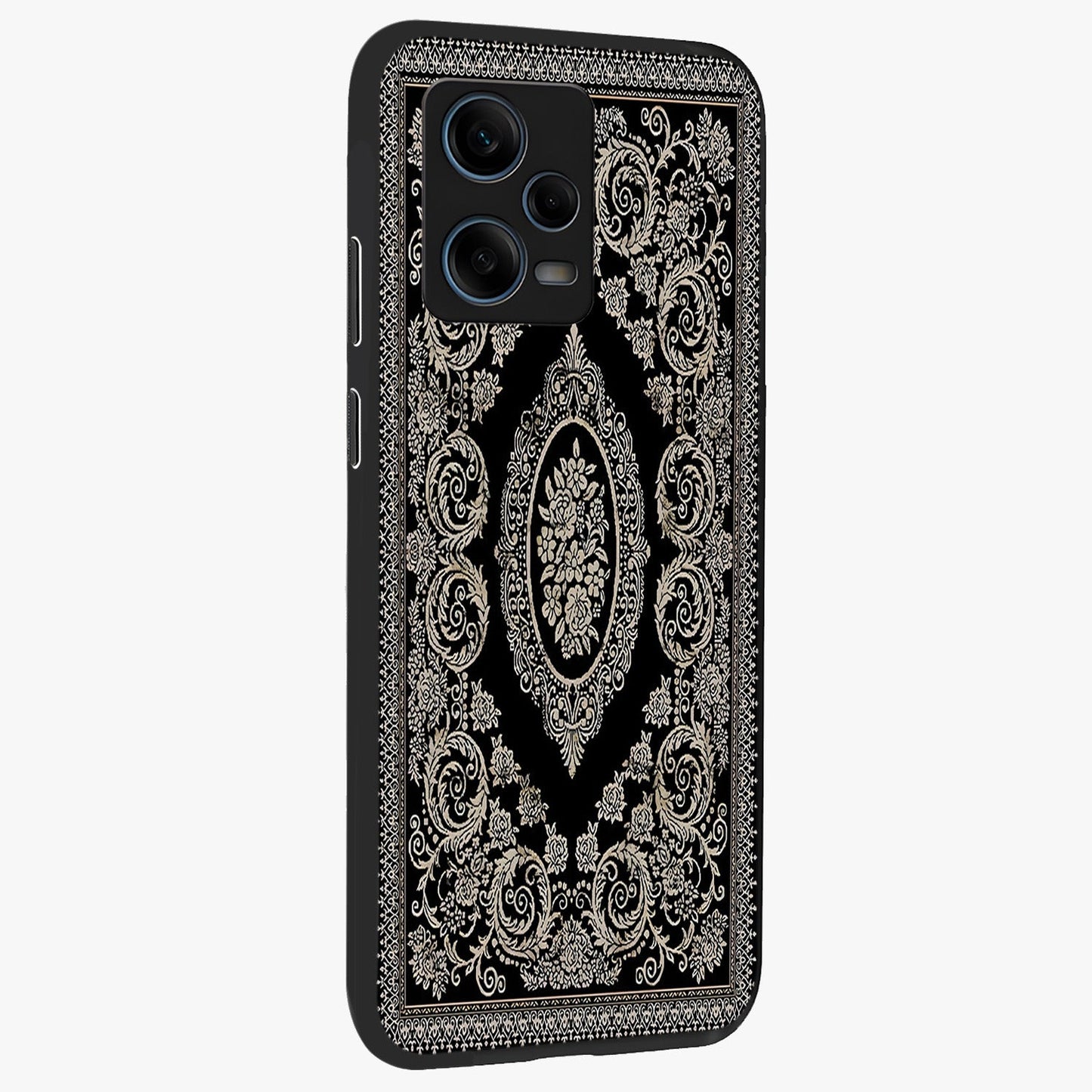 Noir Bloom Elegance Glass Case upright view showcasing graceful floral artwork with luxurious dark theme.