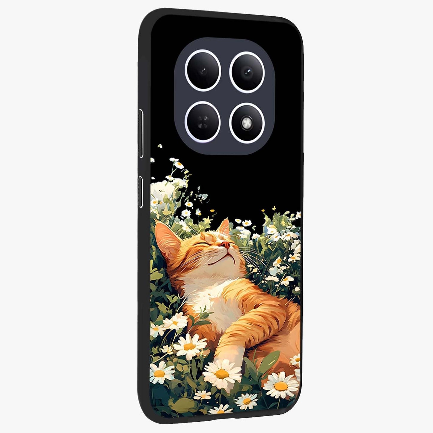 Blissful Bloom Cat Glass Case upright view showcasing charming cat design surrounded by blooming floral elements.