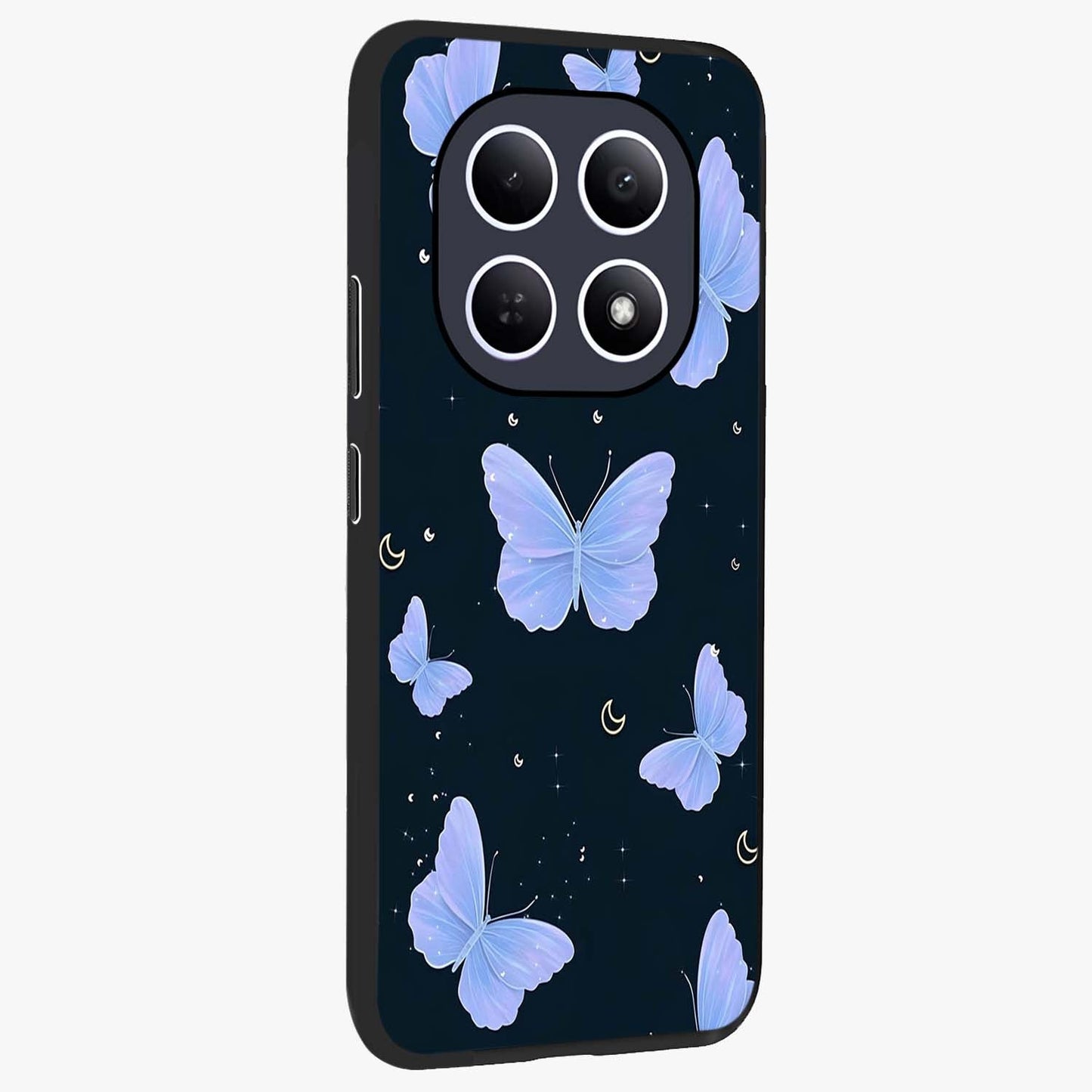 Butterfly With Stars Pattern Glass Case upright view showcasing celestial butterfly artwork with sparkling star elements.