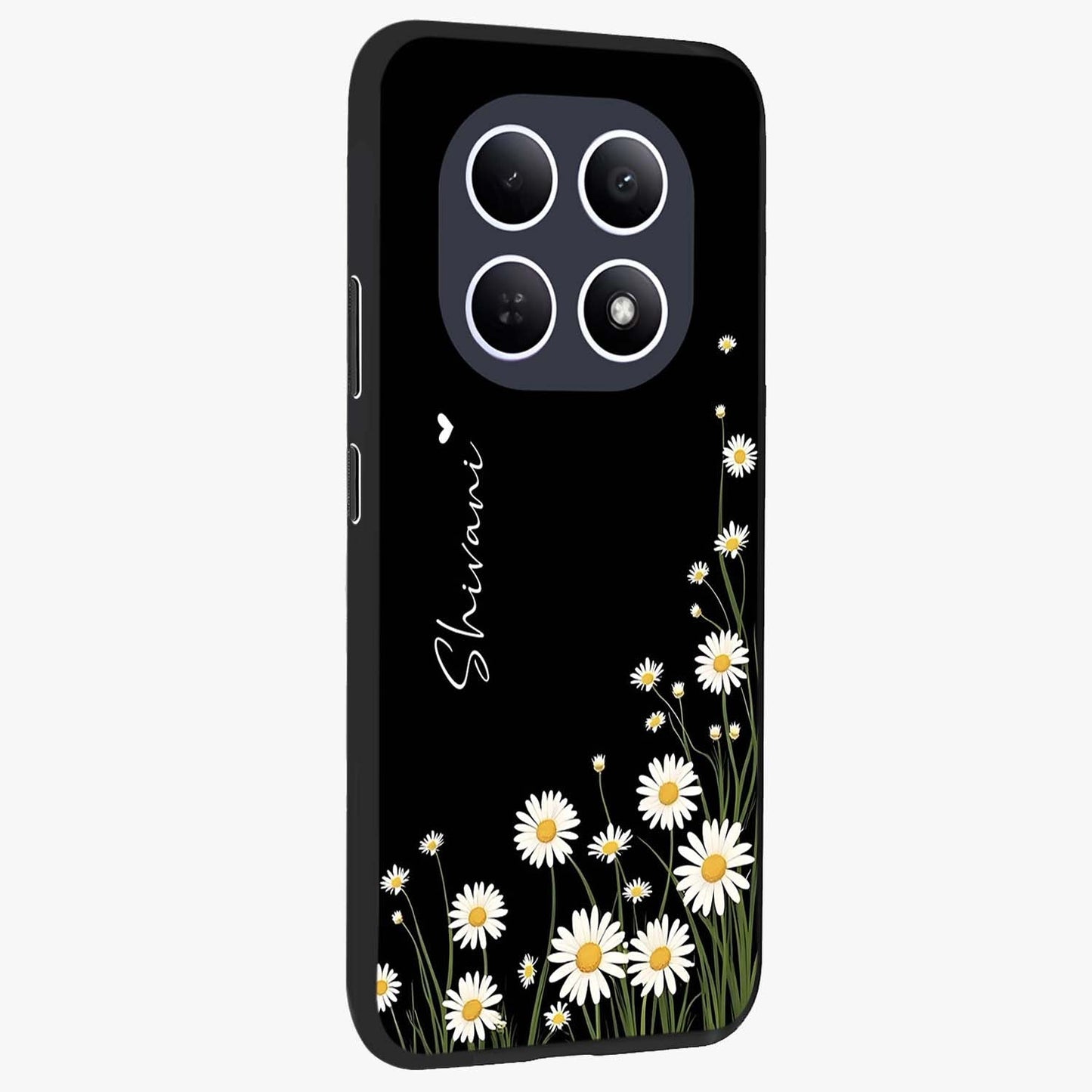 Daisy Cascade Custom Name Glass Case upright view showcasing elegant floral cascade design with personalized aesthetic.