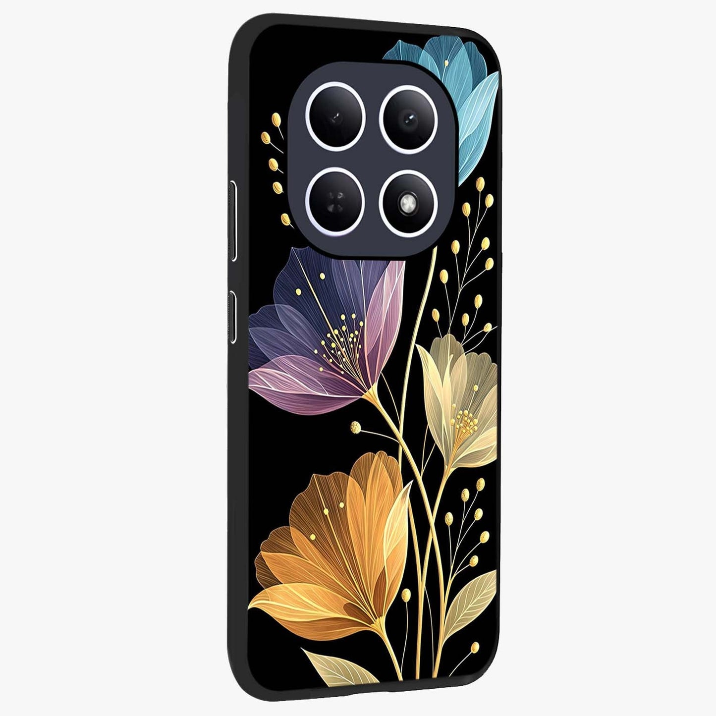 Delicate Multicolor Flowers Glass Case upright view showcasing delicate floral artwork with bright botanical theme.