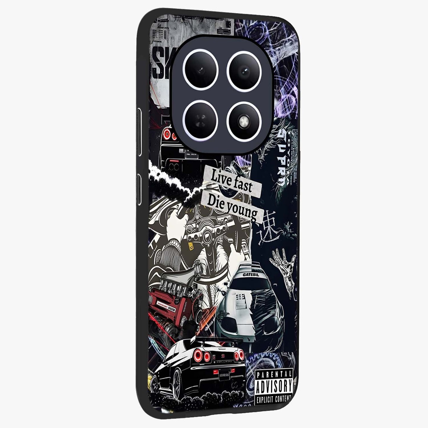 Die Young Glass Case upright view showcasing striking typography artwork with modern statement theme.