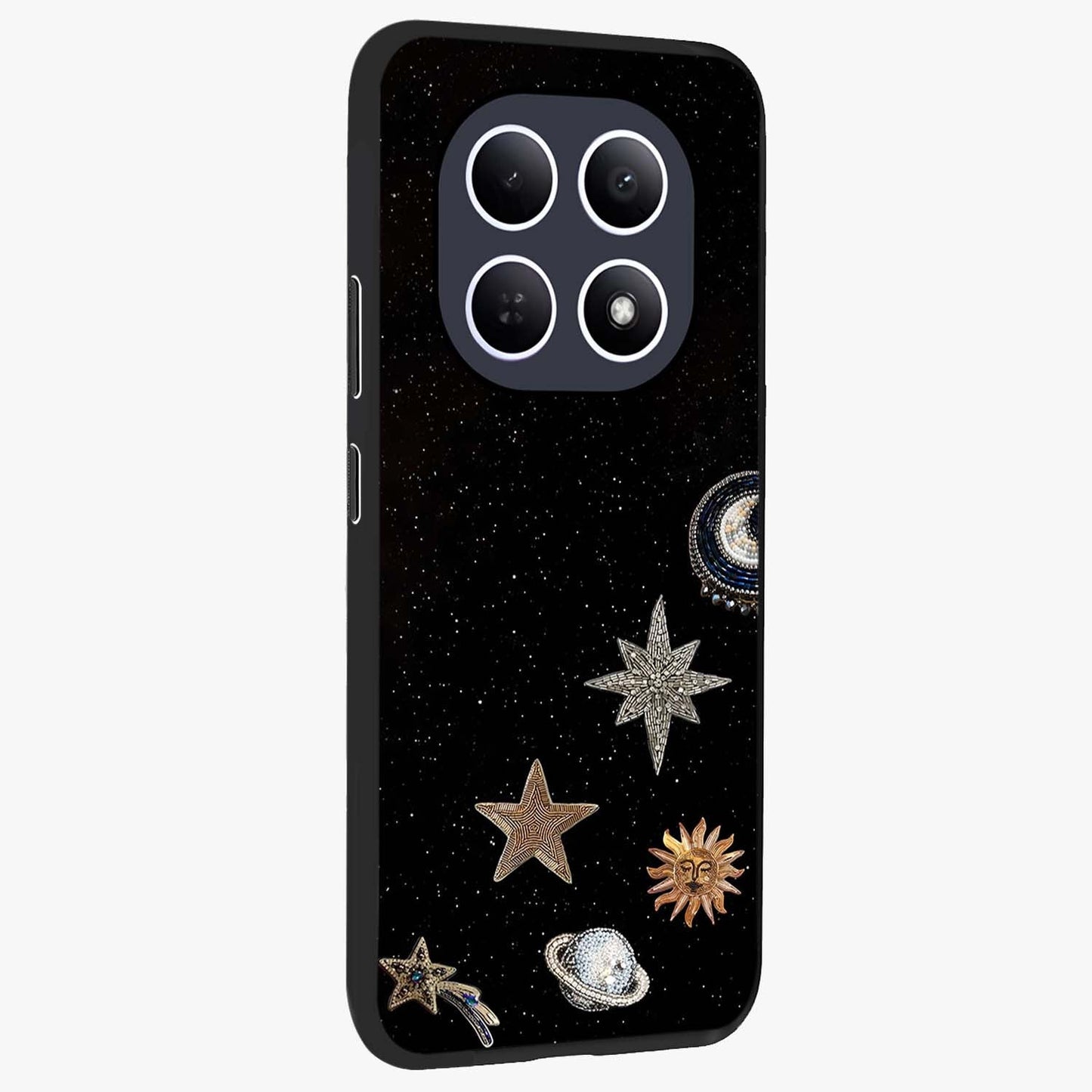 Galactic Charm Glow Glass Case upright view showcasing glowing cosmic charm artwork with magical celestial style.