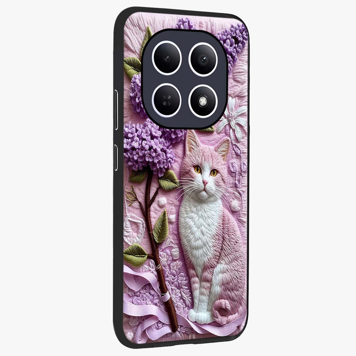 Lavender Cat Whimsy Glass Case upright view showcasing charming cat artwork with whimsical lavender theme.