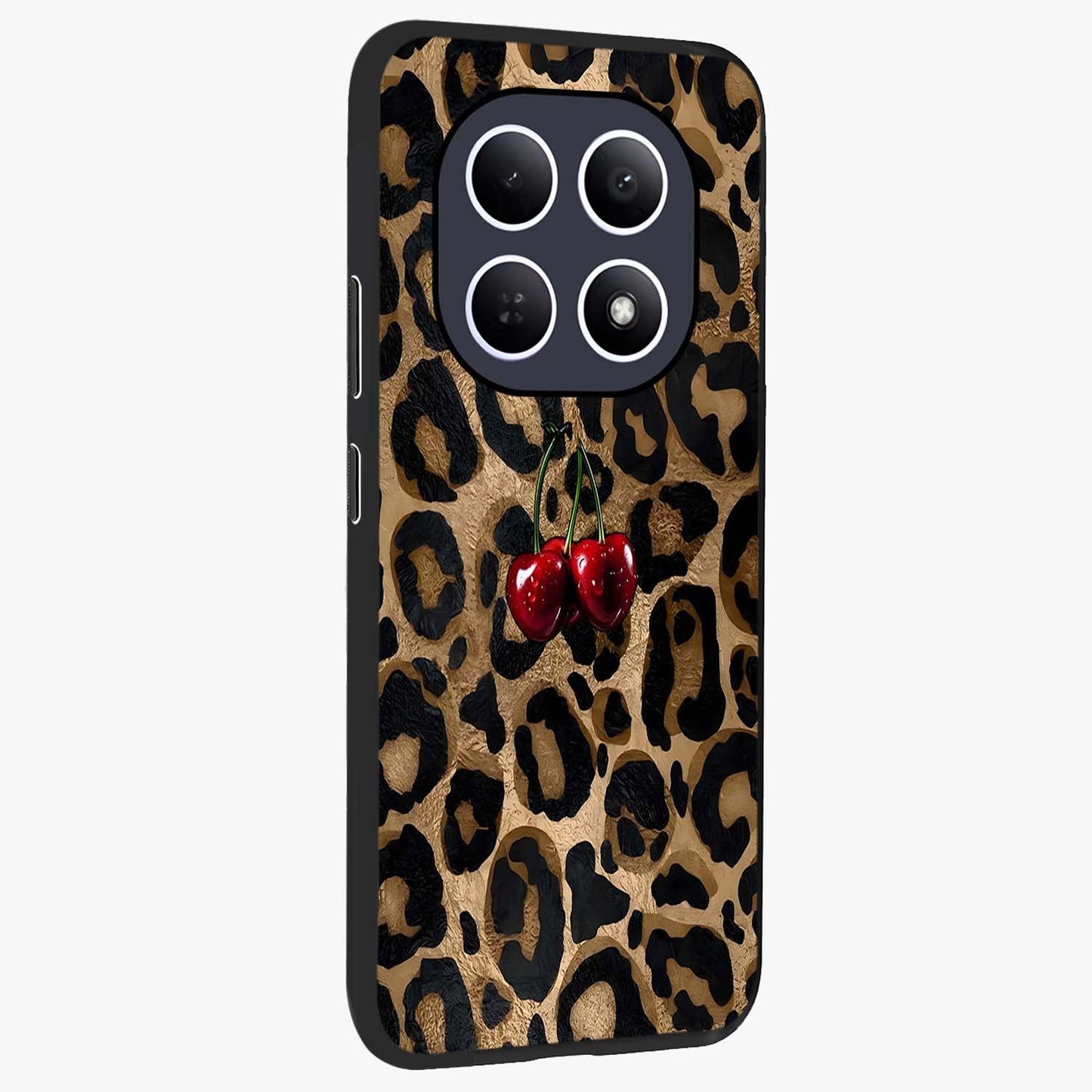 Leopard Wild Cherry Glass Case upright view showcasing stylish leopard pattern artwork with trendy fashion theme.