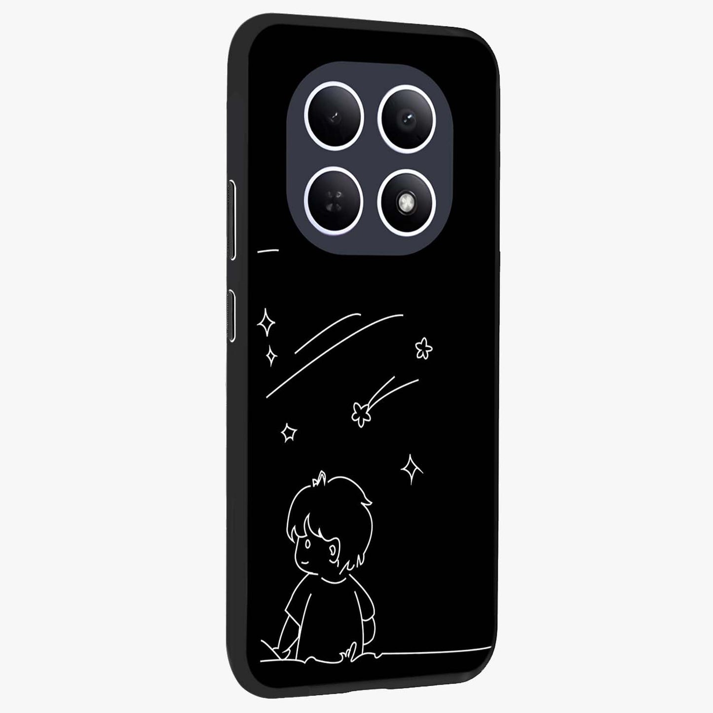 Line Art Boy With Shooting Stars Glass Case upright view showcasing artistic shooting star illustration with minimal style.