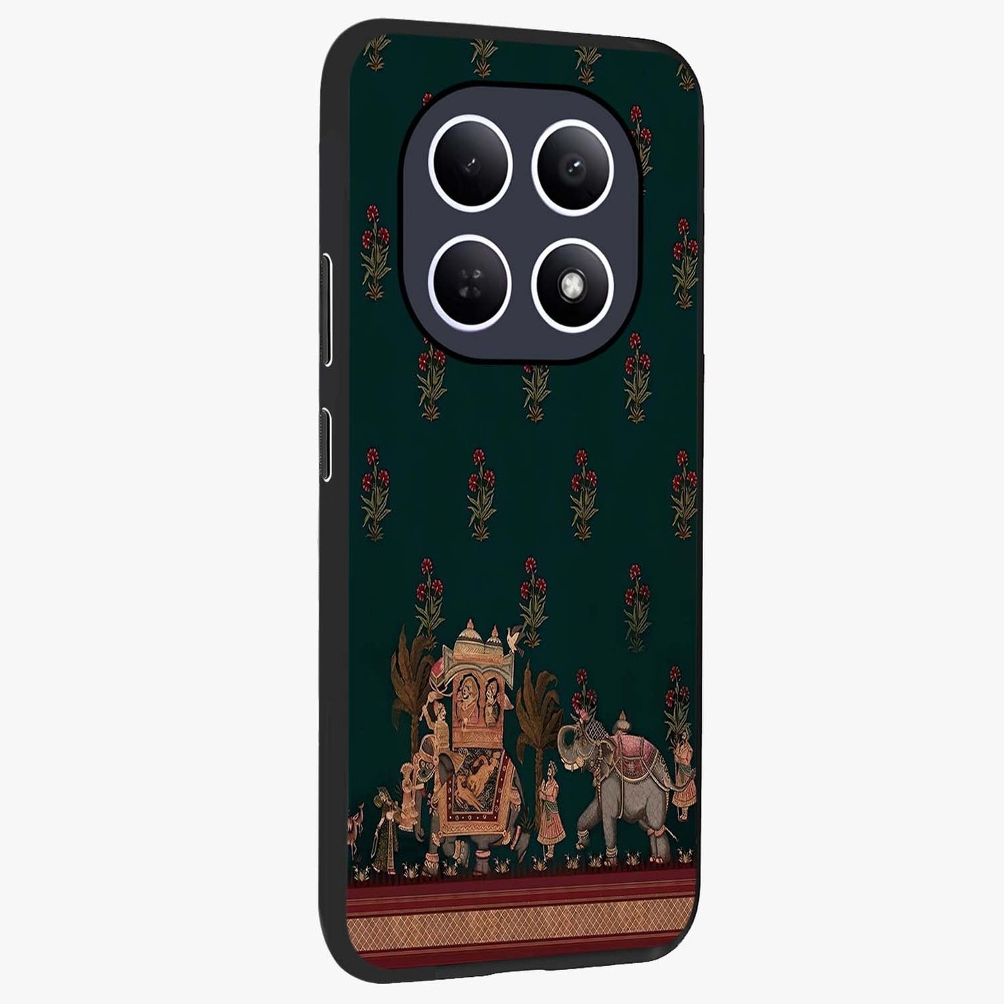 Macmerise Glass Case upright view showcasing bold artistic artwork with contemporary design theme.