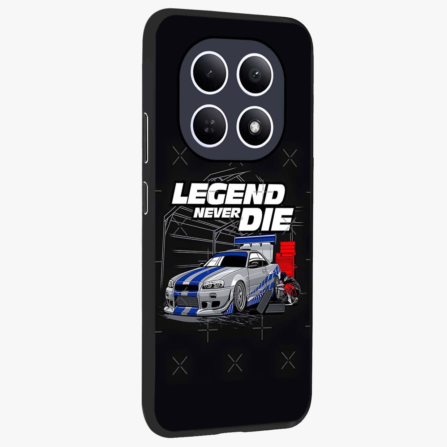 Midnight Racing Legacy Glass Case upright view showcasing powerful racing artwork with modern sports theme.