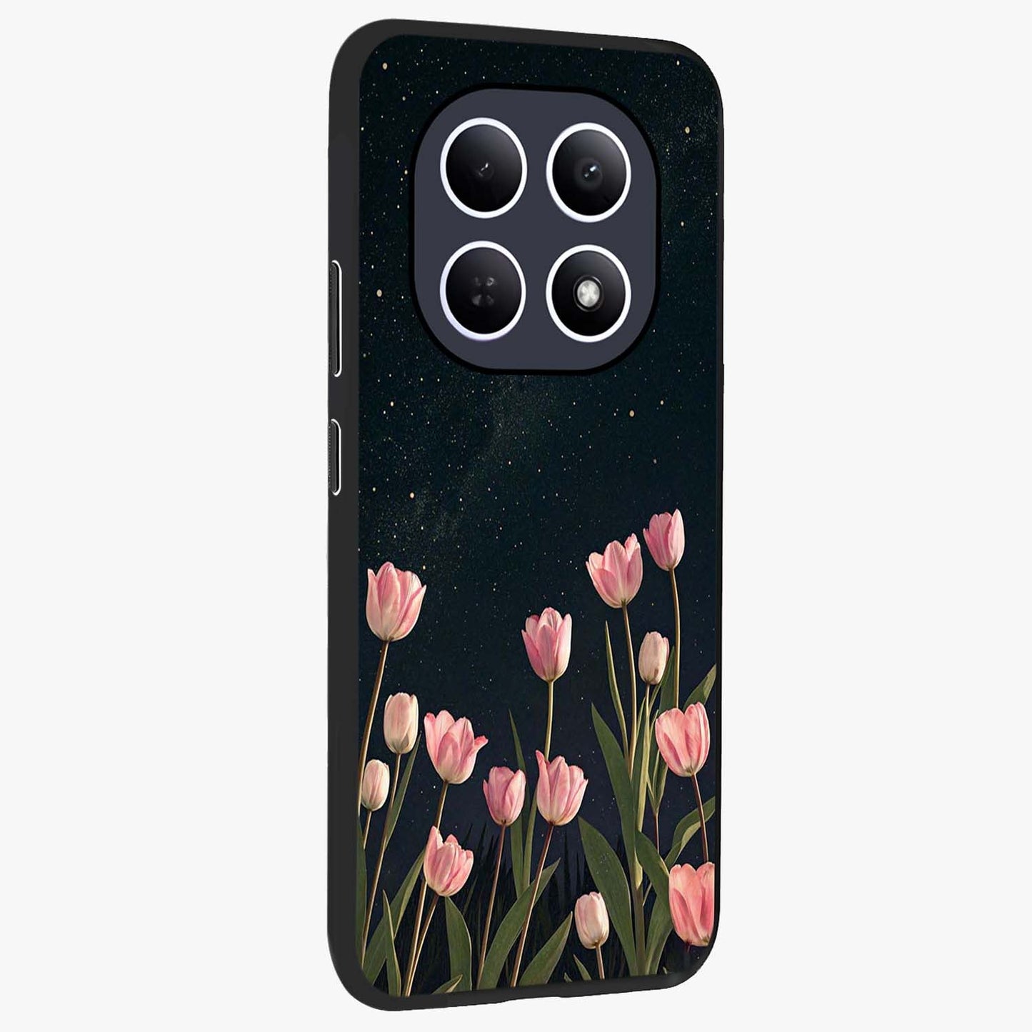 Midnight Tulip Whispers Vibe Glass Case upright view showcasing graceful tulip artwork with calm botanical theme.