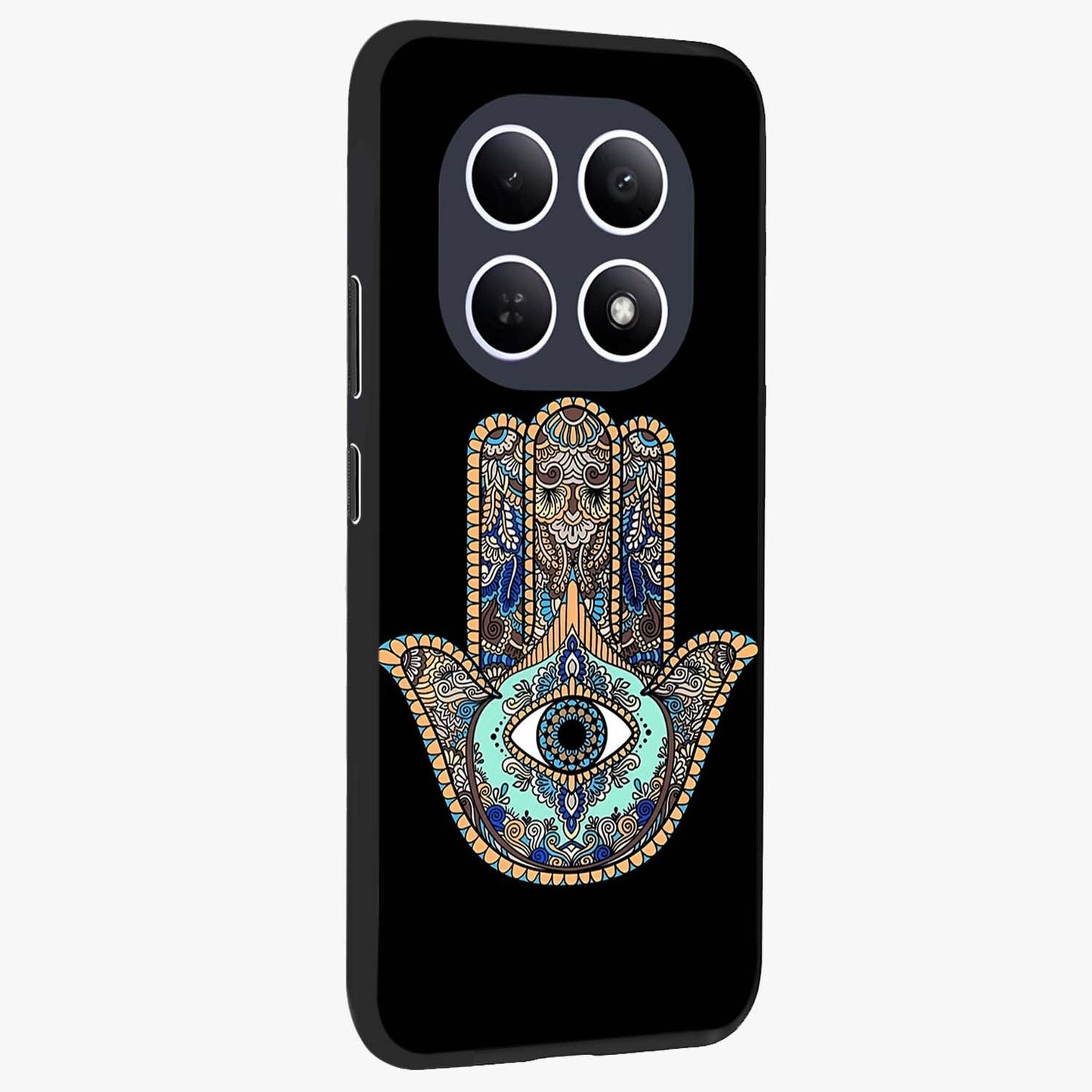 Mystic Hamsa Eye Glass Case upright view showcasing detailed hamsa eye artwork with protective spiritual theme.