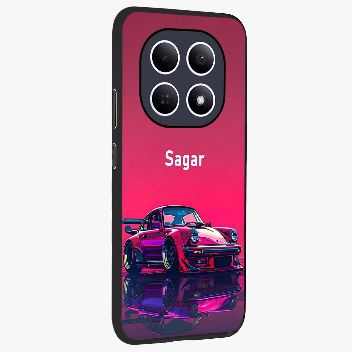 Neon Pink Porsche Glass Case upright view showcasing vibrant sports car artwork with bold automotive theme.