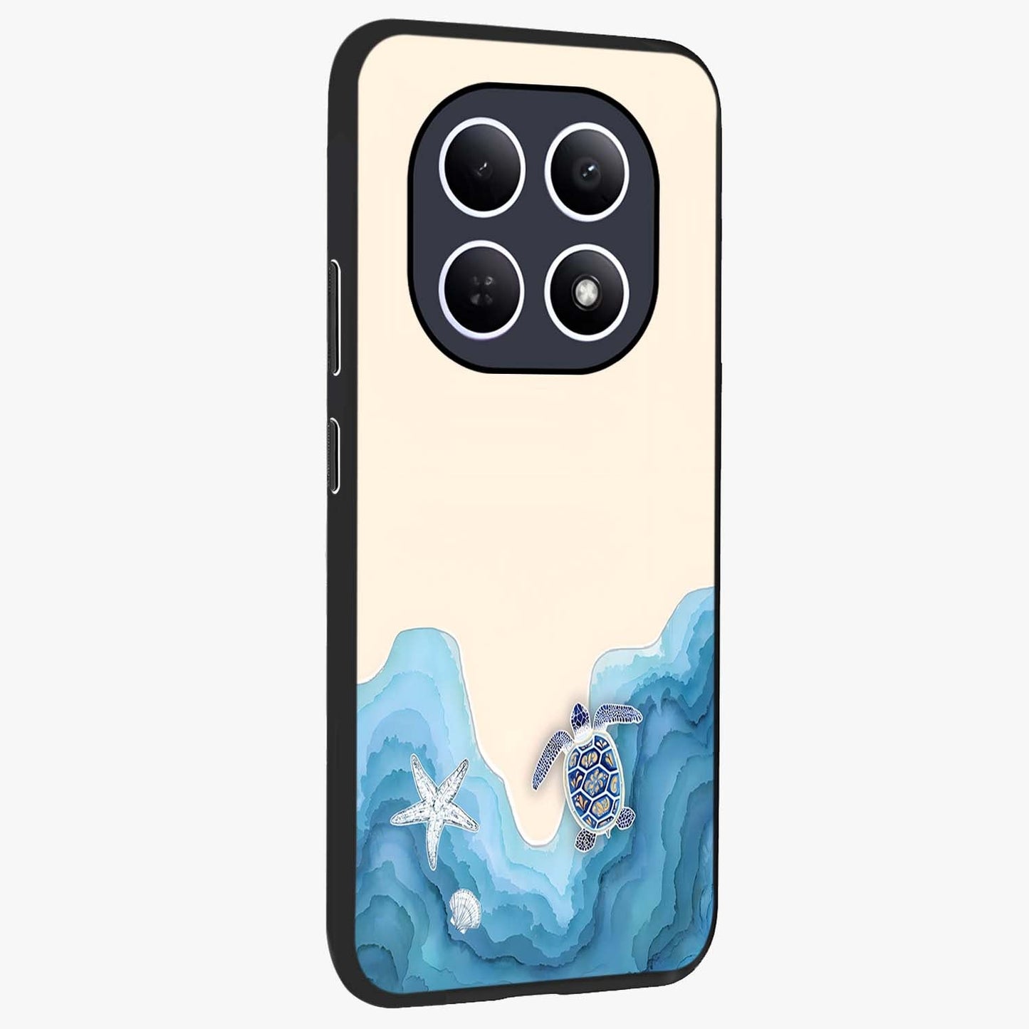 Ocean Drift Turtle Glass Case upright view showcasing calm underwater turtle artwork with nature inspired theme.