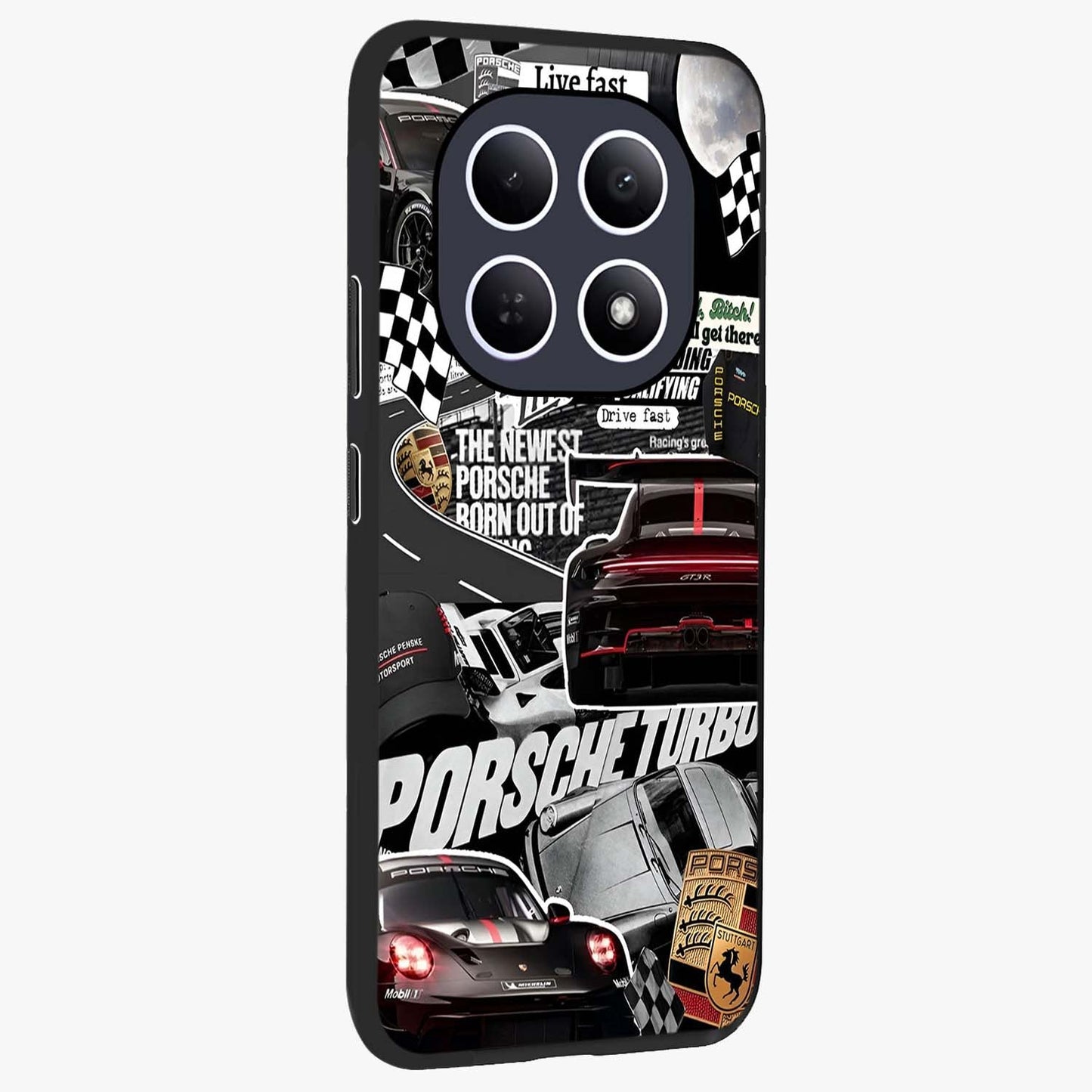 Porsche Racing Collage Glass Case upright view showcasing energetic car collage artwork with high speed racing theme.