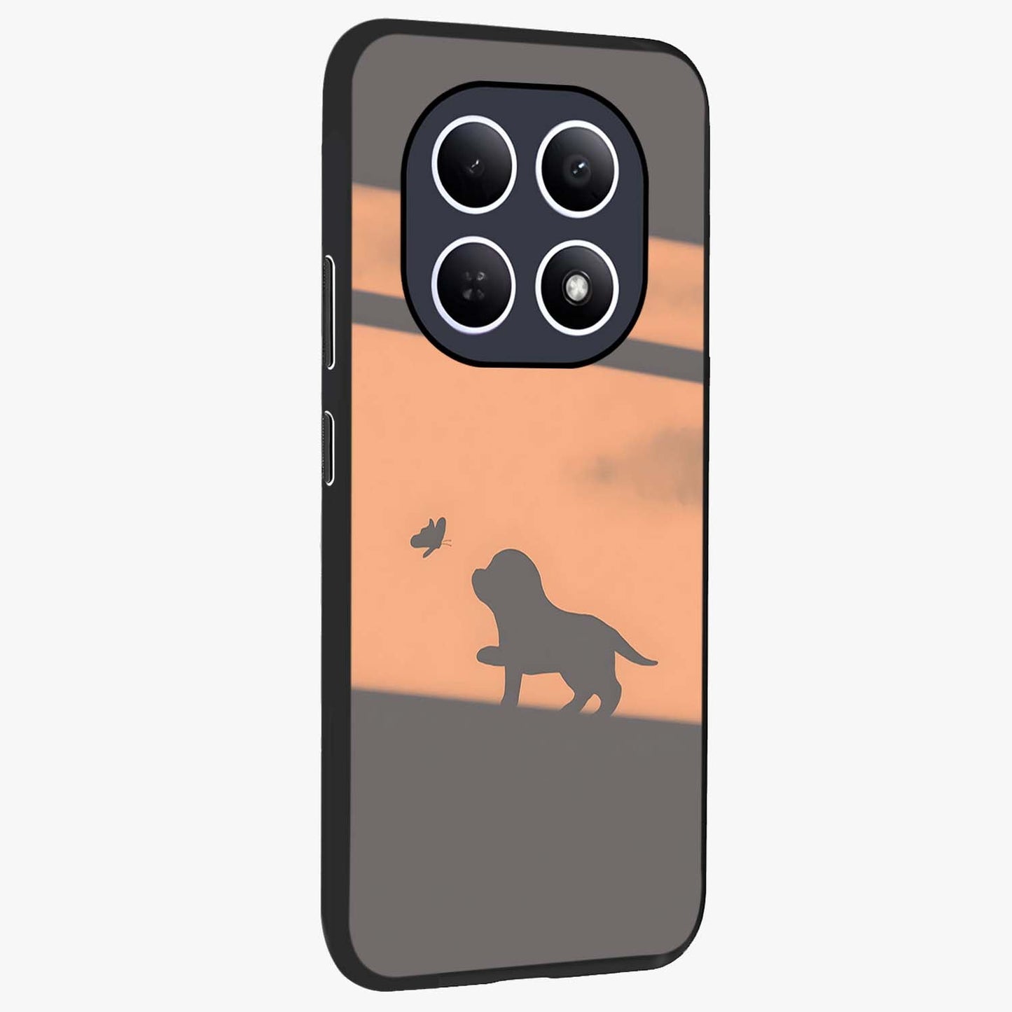 Puppy Shadow Art Glass Case upright view showcasing charming puppy artwork with creative silhouette theme.