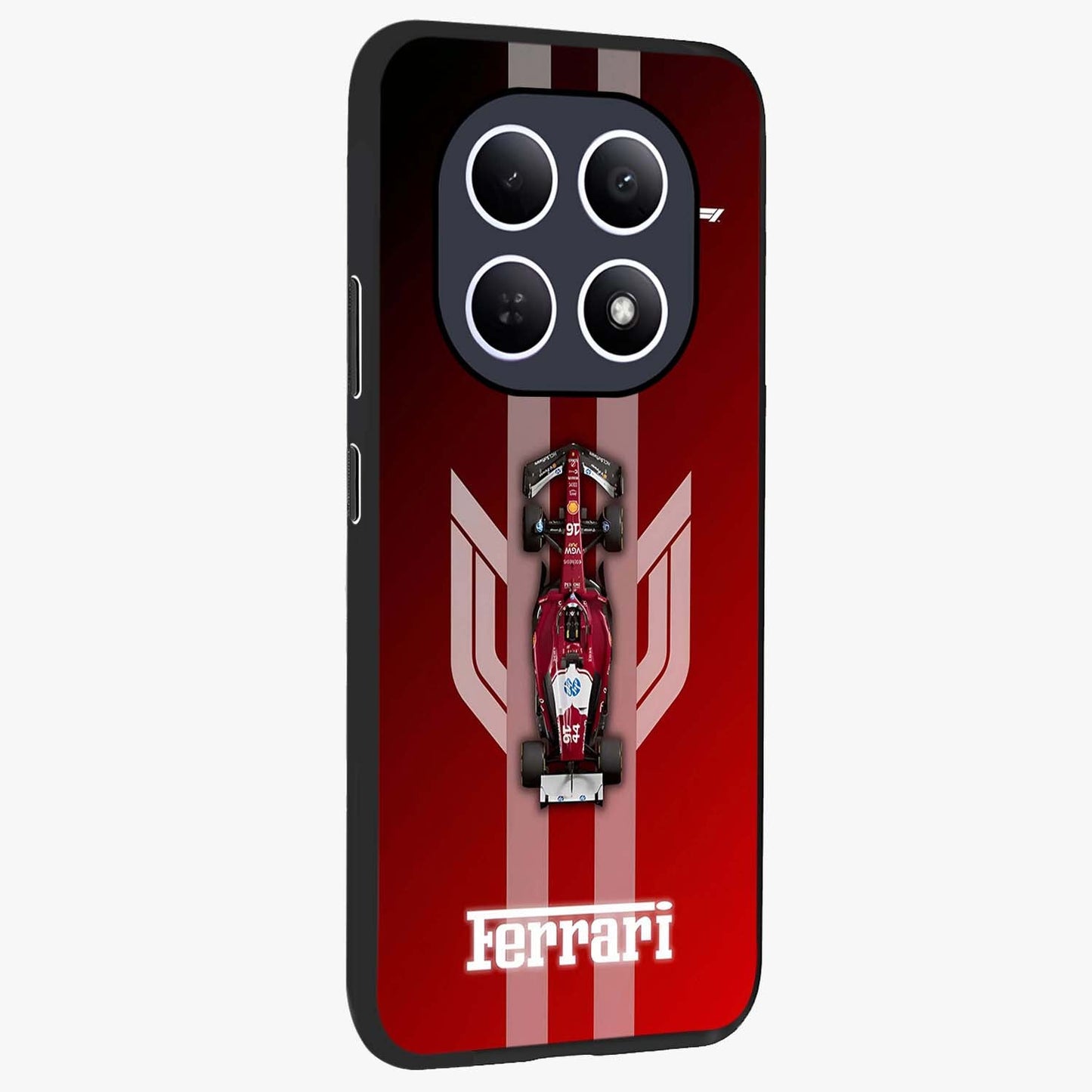 Red Ferrari F1 Vertical Glass Case upright view showcasing powerful Formula car artwork with dynamic motorsport theme.