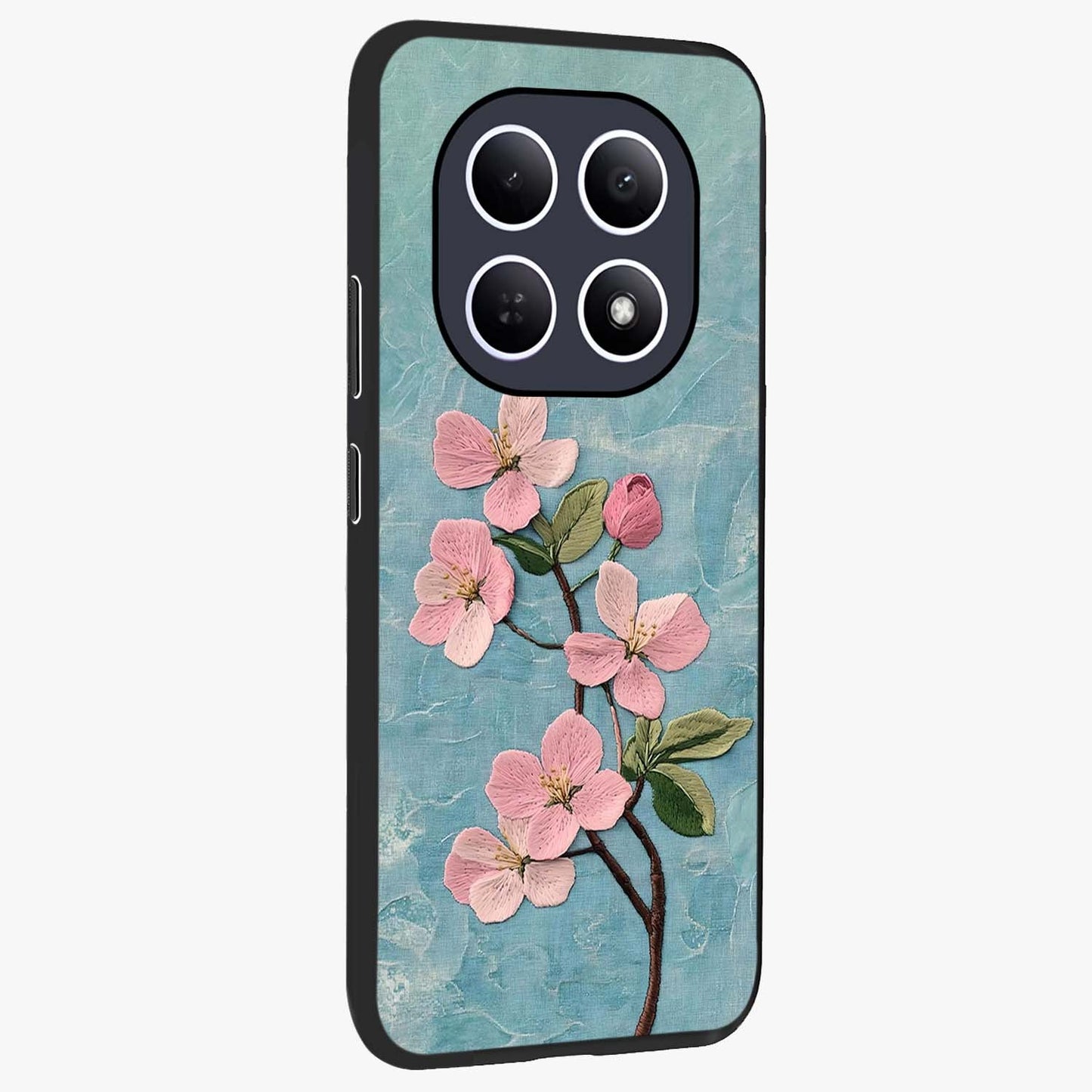 Threaded Blossom Breeze Glass Case upright view showcasing graceful flower artwork with calm botanical theme.