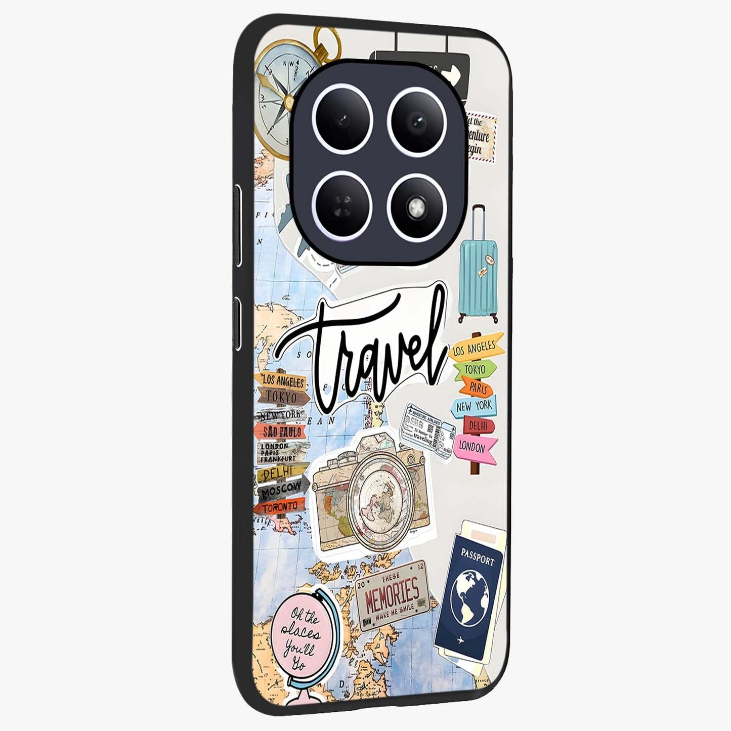 Wanderlust Journal Glass Case upright view showcasing wanderlust inspired artwork with creative exploration theme.