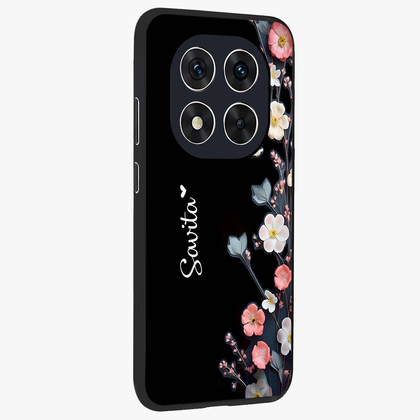 Black Elegance Floral Custom Name Glass Case upright view showcasing luxurious black floral design with personalized name detail.
