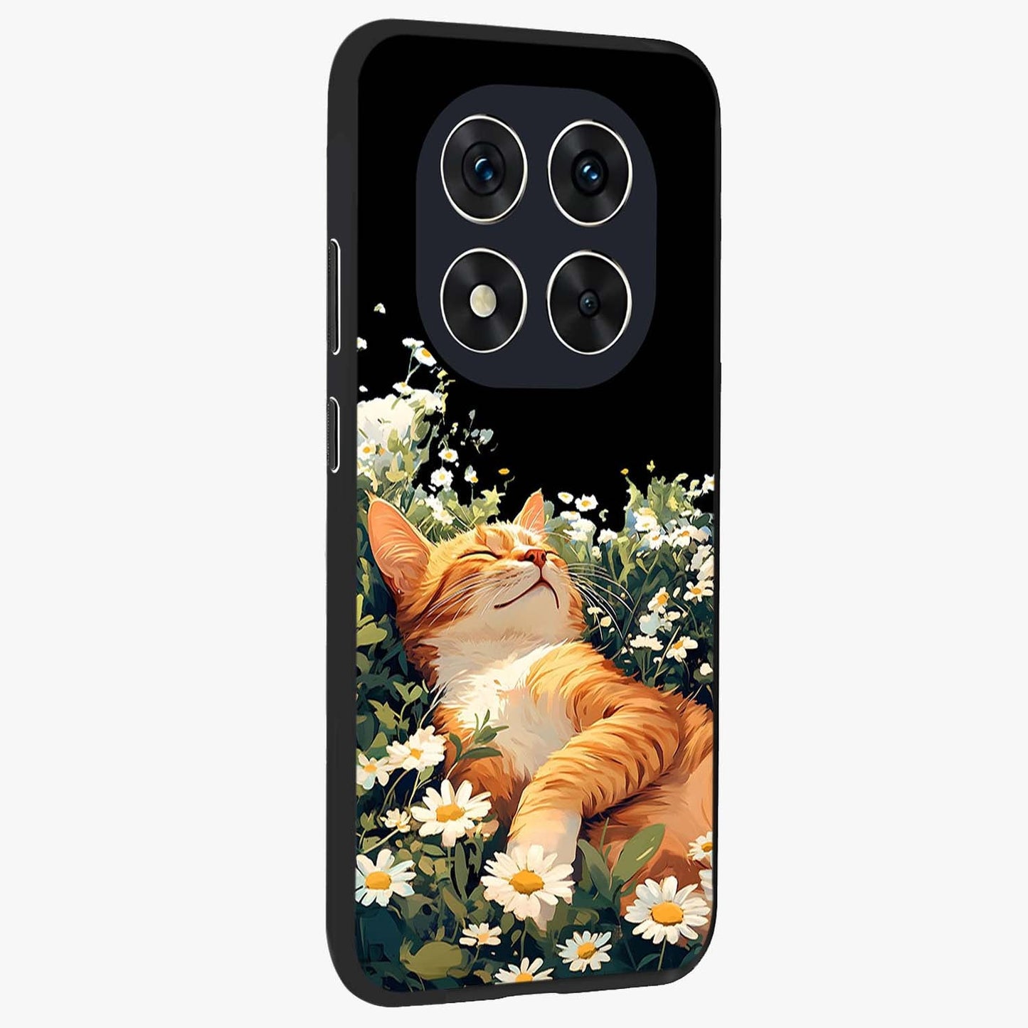 Blissful Bloom Cat Glass Case upright view showcasing charming cat design surrounded by blooming floral elements.